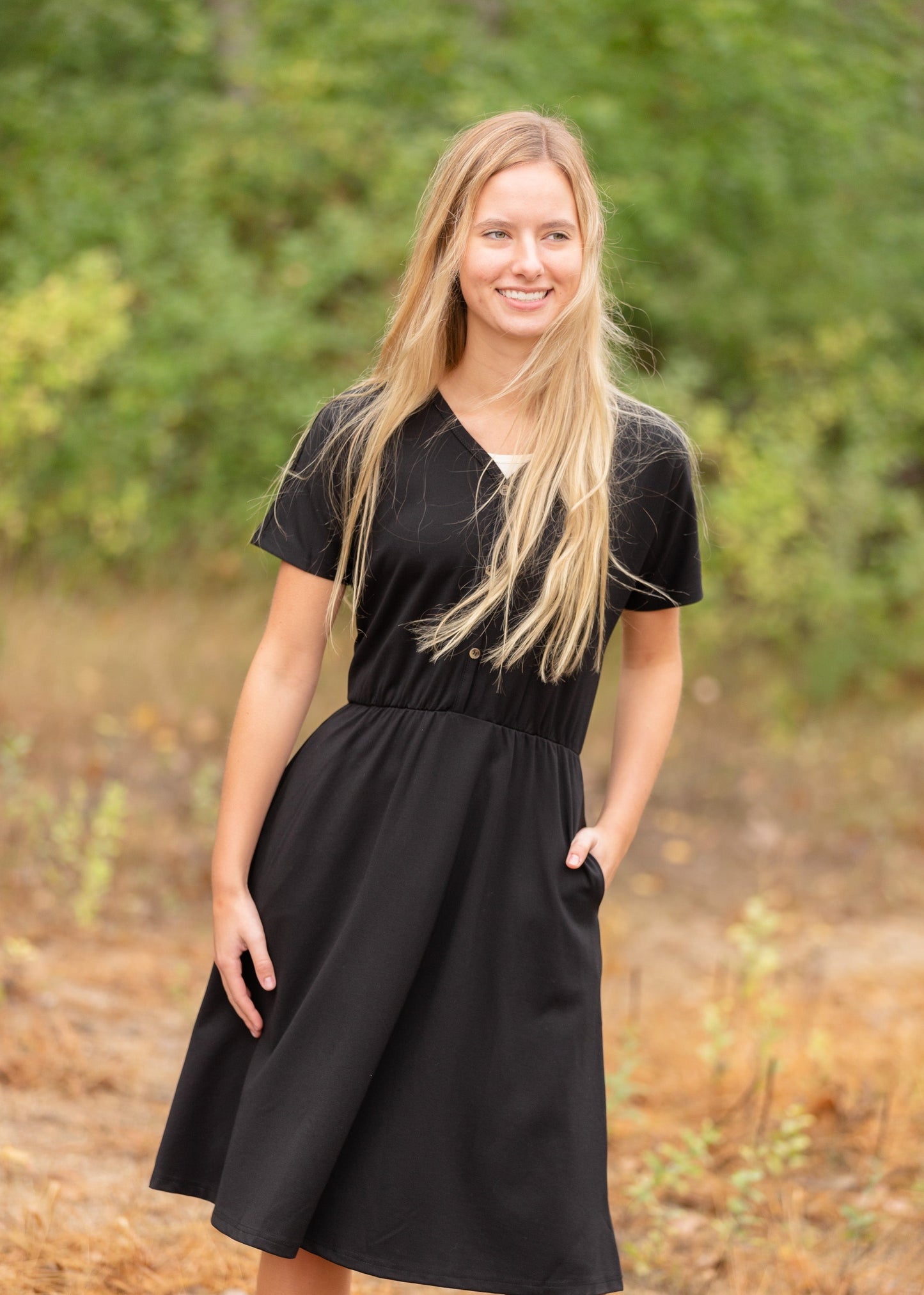 Made from an elevated ponte fabric, the Ella Cinched Waist Midi Dress is an Inherit Design that will take you from season to season. There are non-functioning tortoise shell buttons down the front to ensure a modest fit. The top of the dress has a dolman fit and drop arms to keep you comfortable and give a flattering fit! The skirt of the dress has a slight a-line making this a super versatile dress!