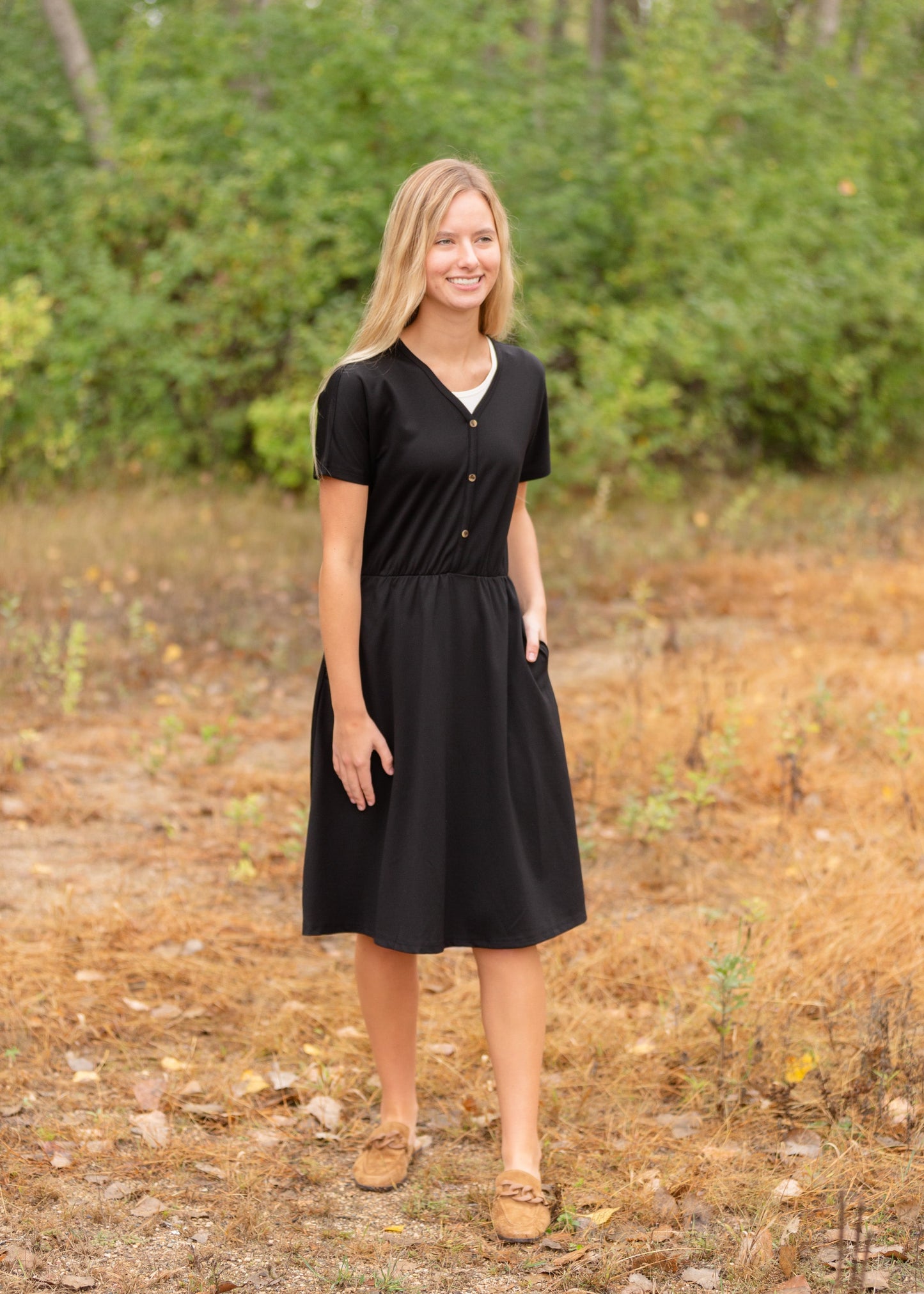 Made from an elevated ponte fabric, the Ella Cinched Waist Midi Dress is an Inherit Design that will take you from season to season. There are non-functioning tortoise shell buttons down the front to ensure a modest fit. The top of the dress has a dolman fit and drop arms to keep you comfortable and give a flattering fit! The skirt of the dress has a slight a-line making this a super versatile dress!