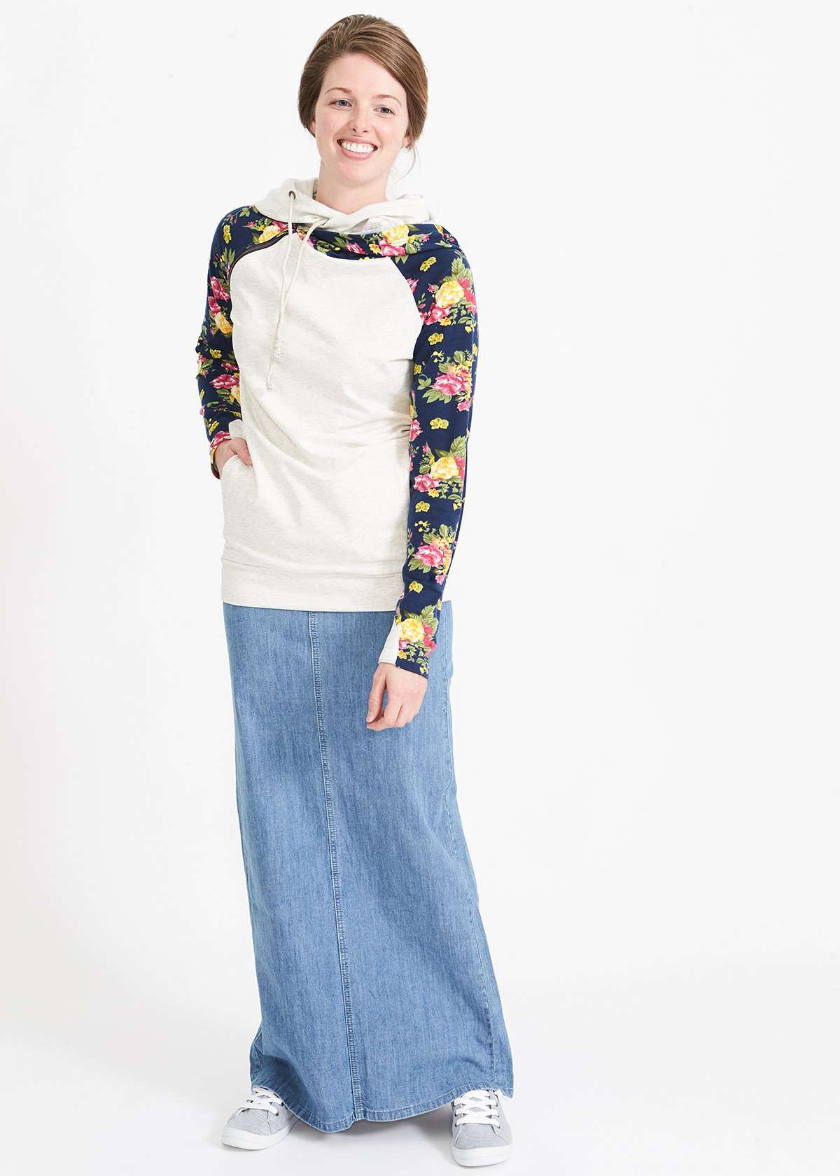 Women's modest long denim skirt with a slit in the back
