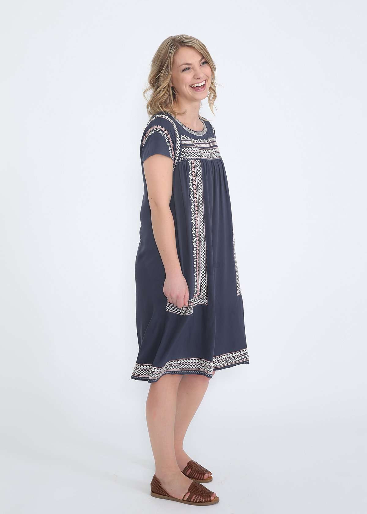 Embroidered navy modest midi dress