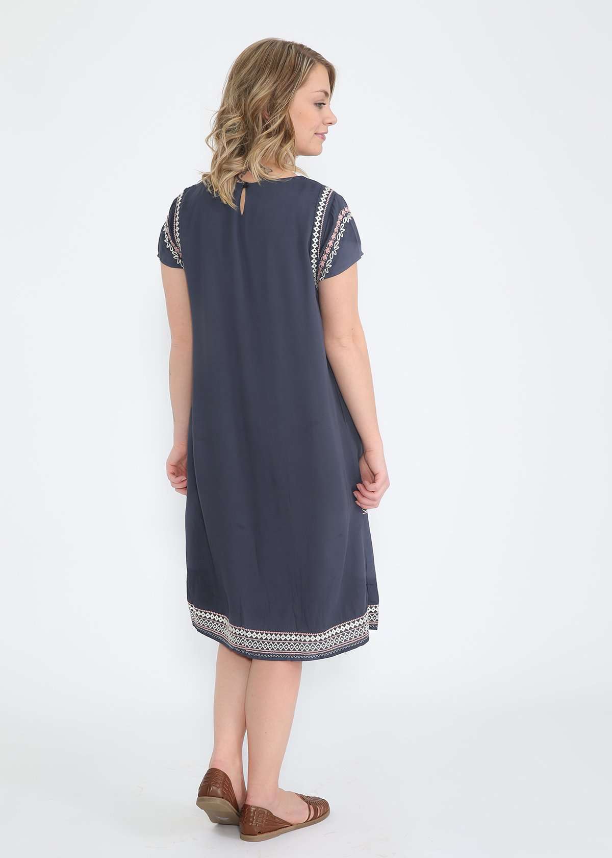 Embroidered navy modest midi dress