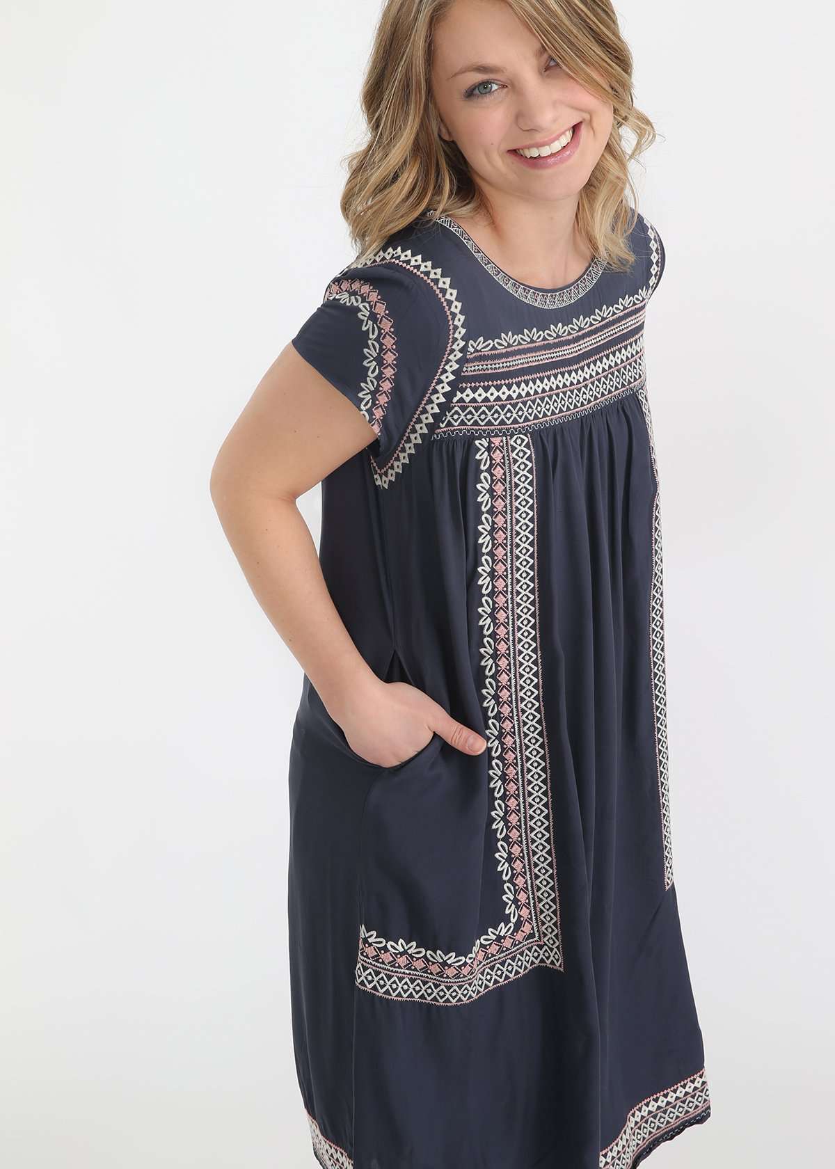 Embroidered navy modest midi dress