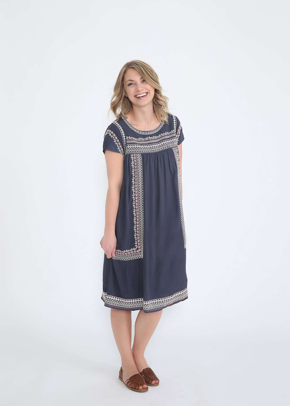 Embroidered navy modest midi dress