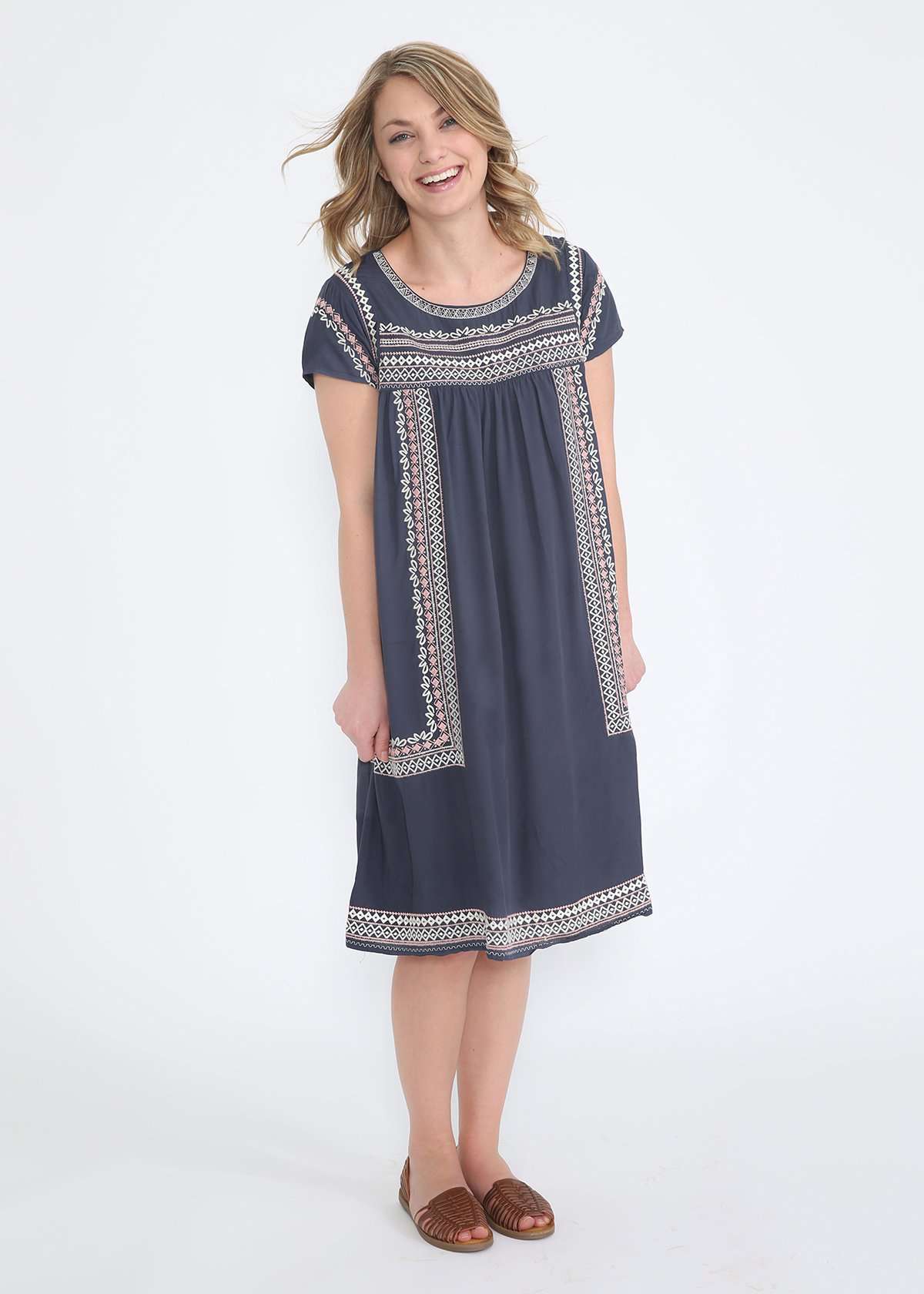 Embroidered navy modest midi dress