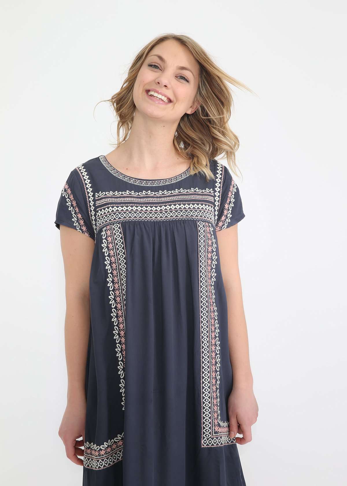 Embroidered navy modest midi dress