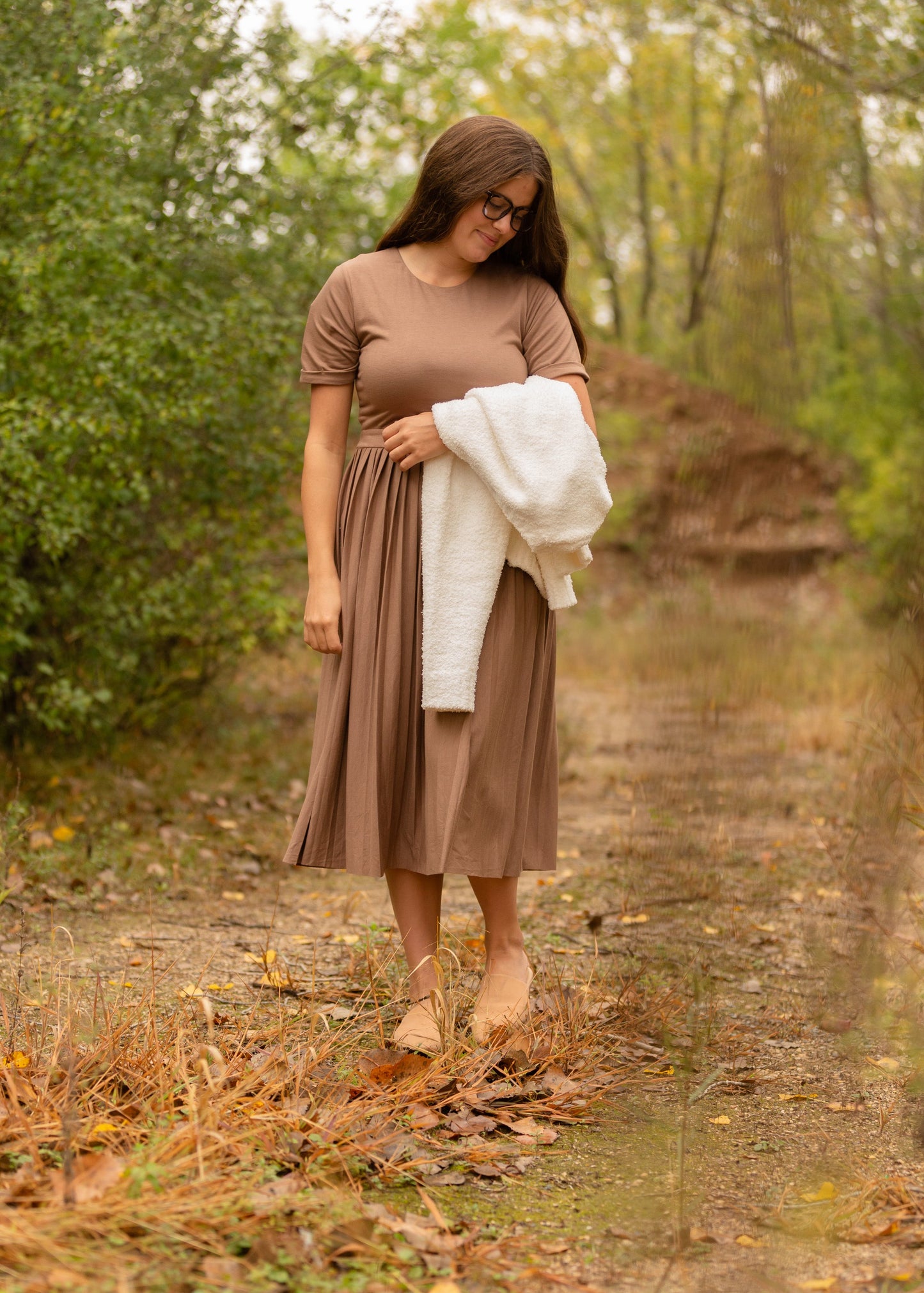 Emersyn Tan Pleated Midi Dress Dresses