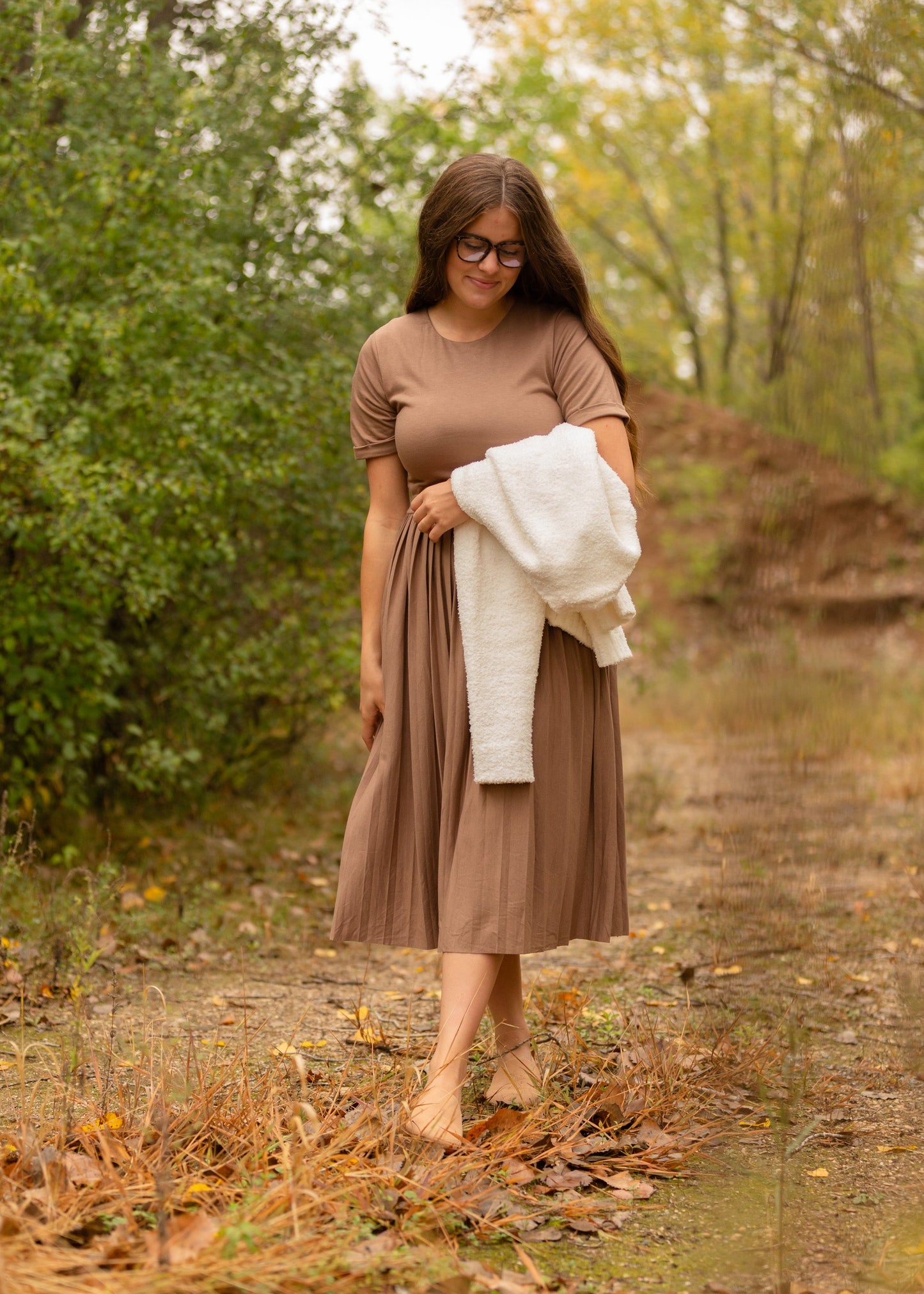 Emersyn Tan Pleated Midi Dress Dresses