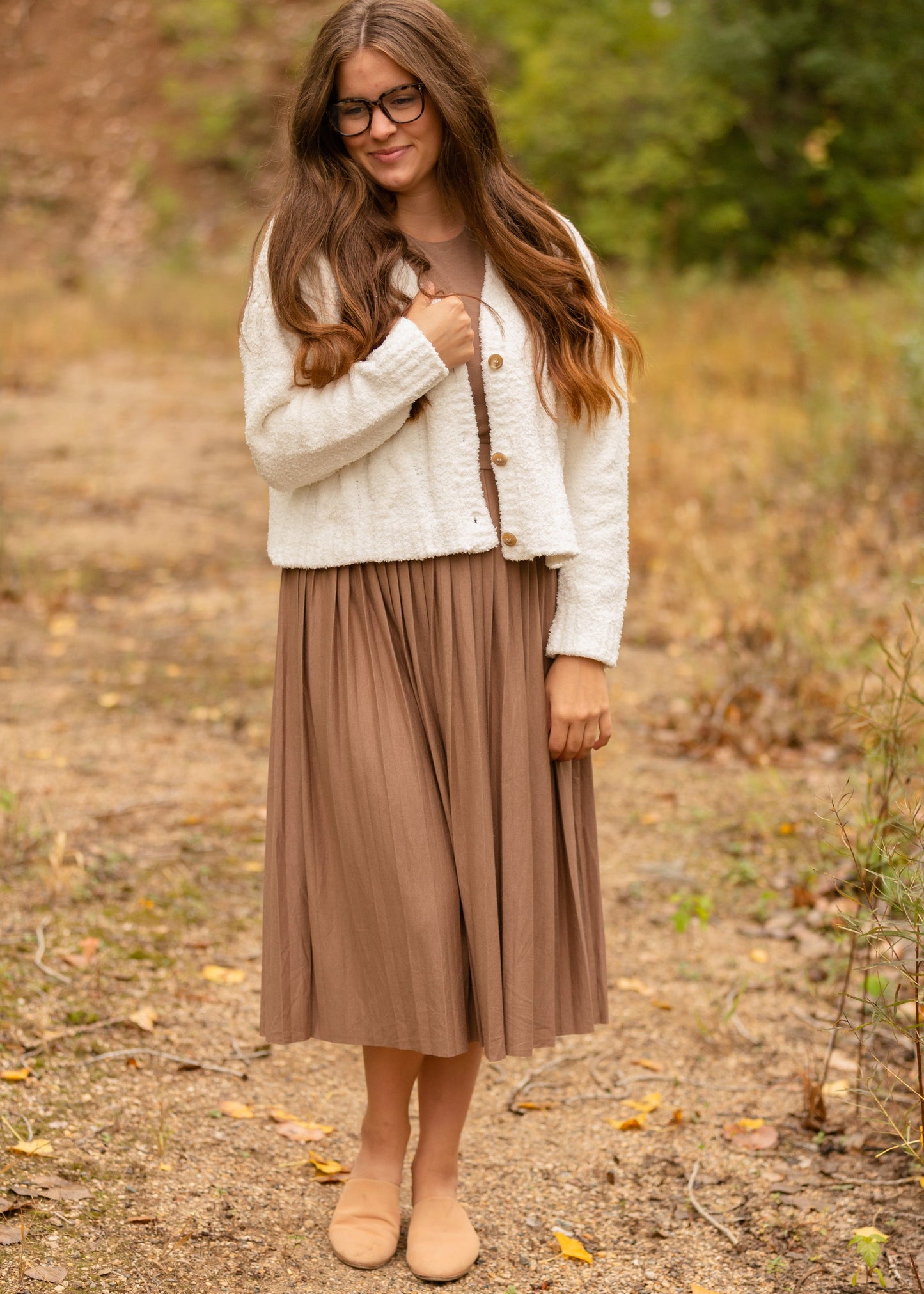 Emersyn Tan Pleated Midi Dress Dresses