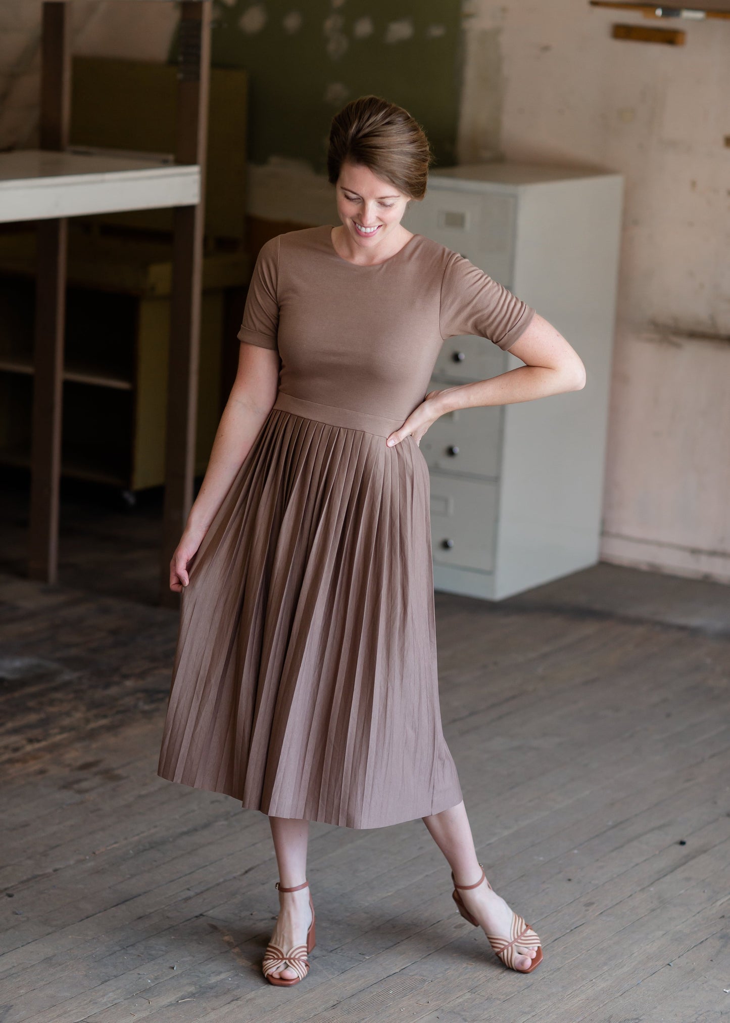 Emersyn Tan Pleated Midi Dress Dresses Inherit - SOP