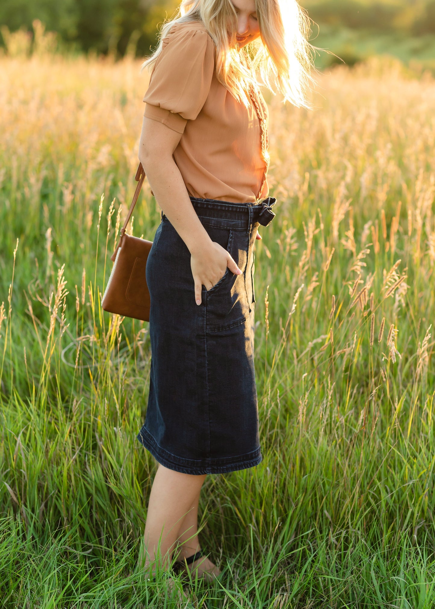 Emma Paper Bag Tie Midi Denim Jean Skirt - FINAL SALE Skirts