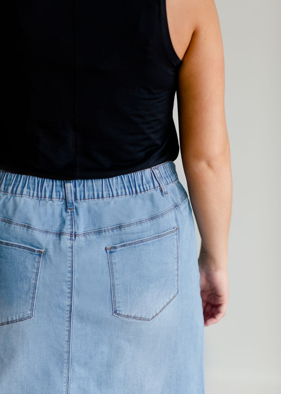 Eva Raw Hem Midi Denim Skirt Inherit Co.