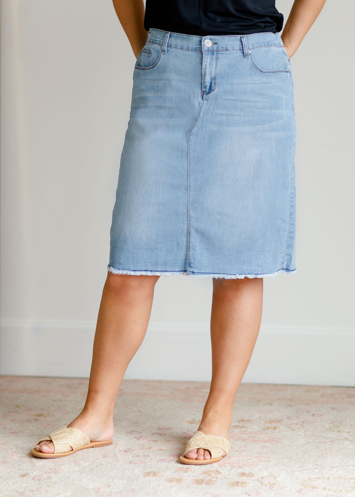 Eva Raw Hem Midi Denim Skirt Inherit Co.