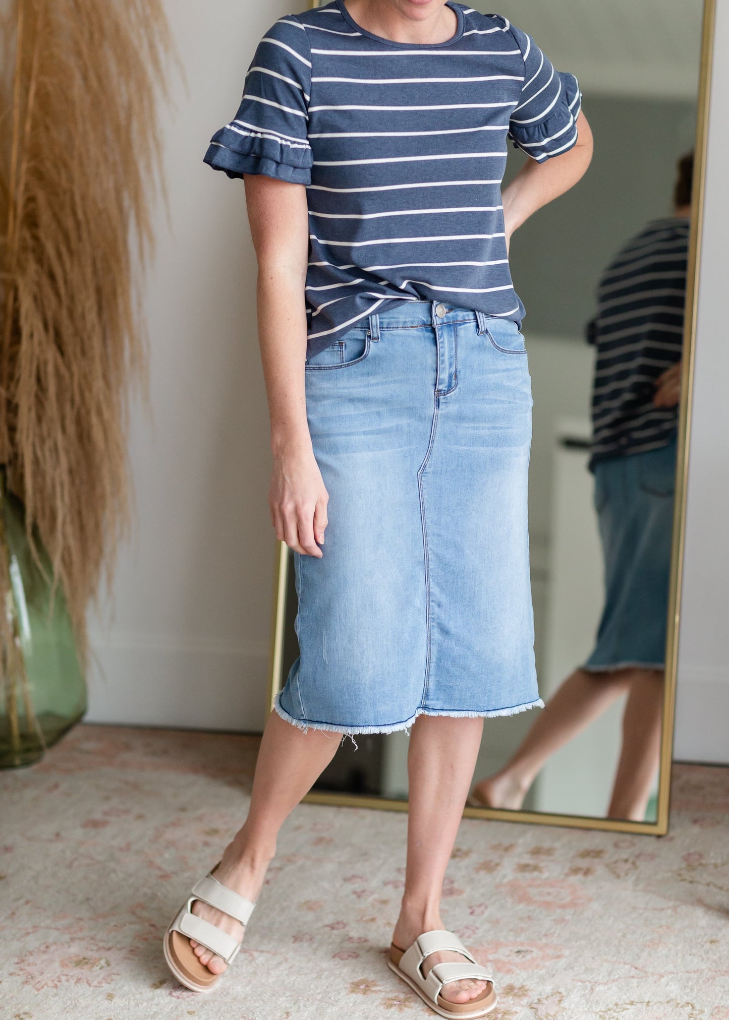 Eva Raw Hem Midi Denim Skirt Inherit Co.