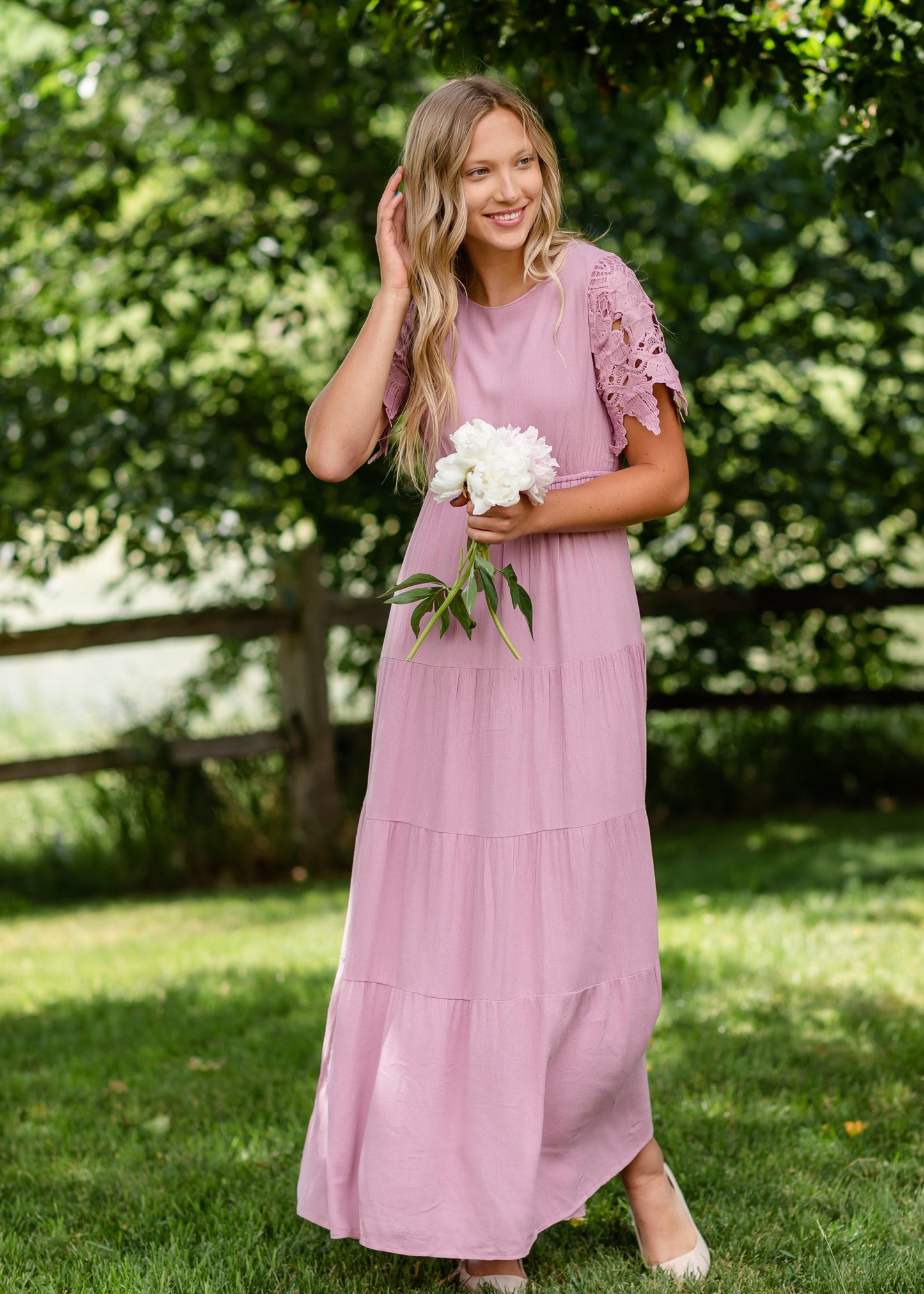 Eyelet Lace Crepe Maxi Dress - FINAL SALE Dresses Pink / S