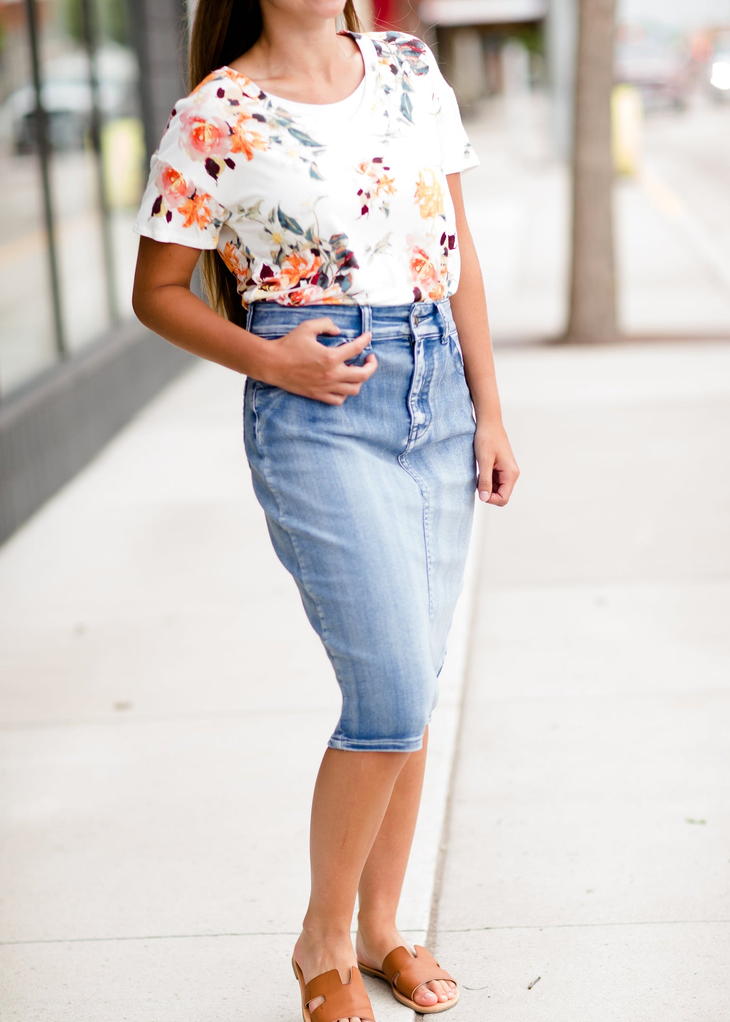 Modest denim midi skirt
