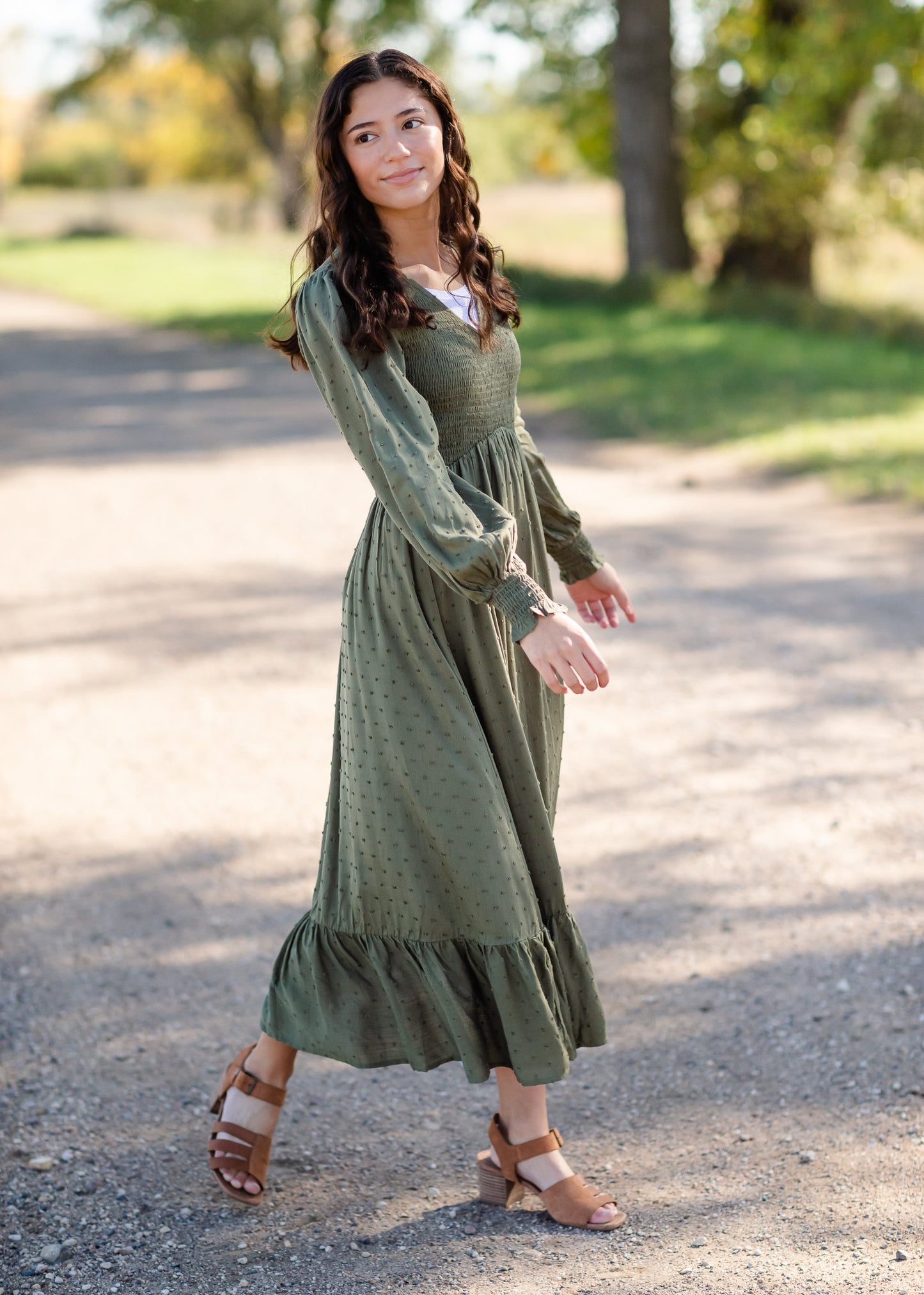 Flowing Smocked Swiss Dot Long Sleeve Midi Dress Dresses Tea N Rose