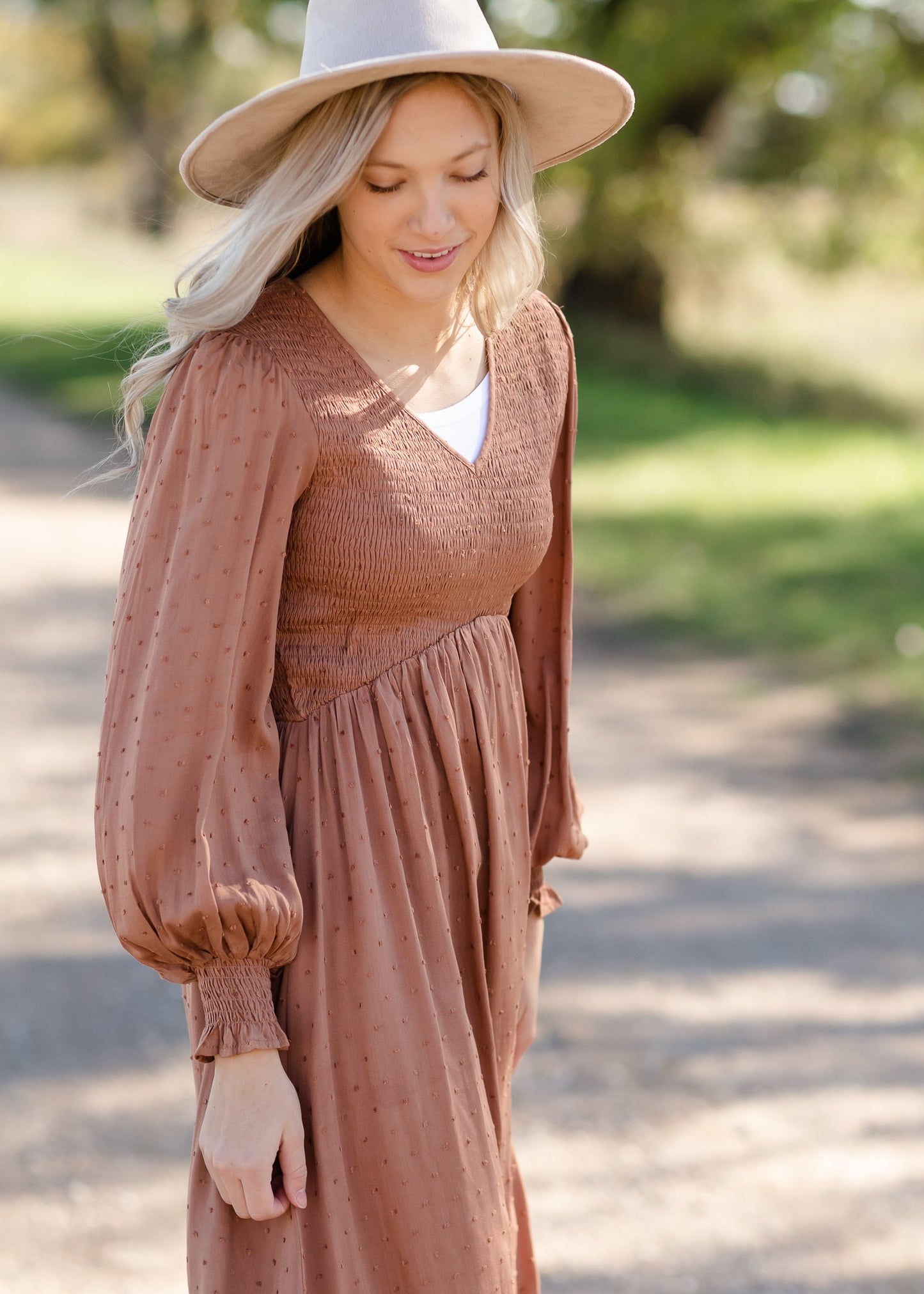 Flowing Smocked Swiss Dot Long Sleeve Midi Dress Dresses Tea N Rose