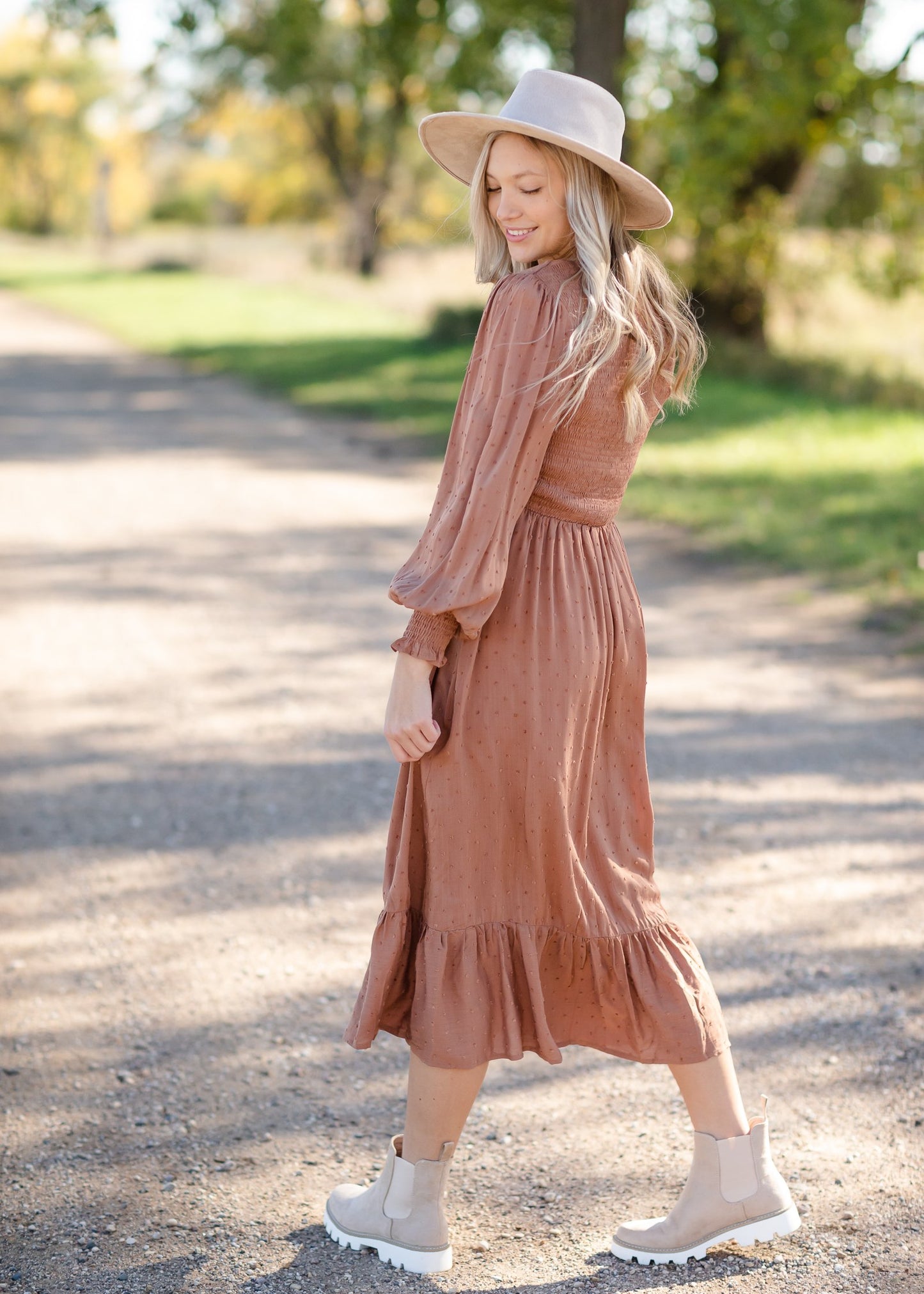 Flowing Smocked Swiss Dot Long Sleeve Midi Dress Dresses Tea N Rose