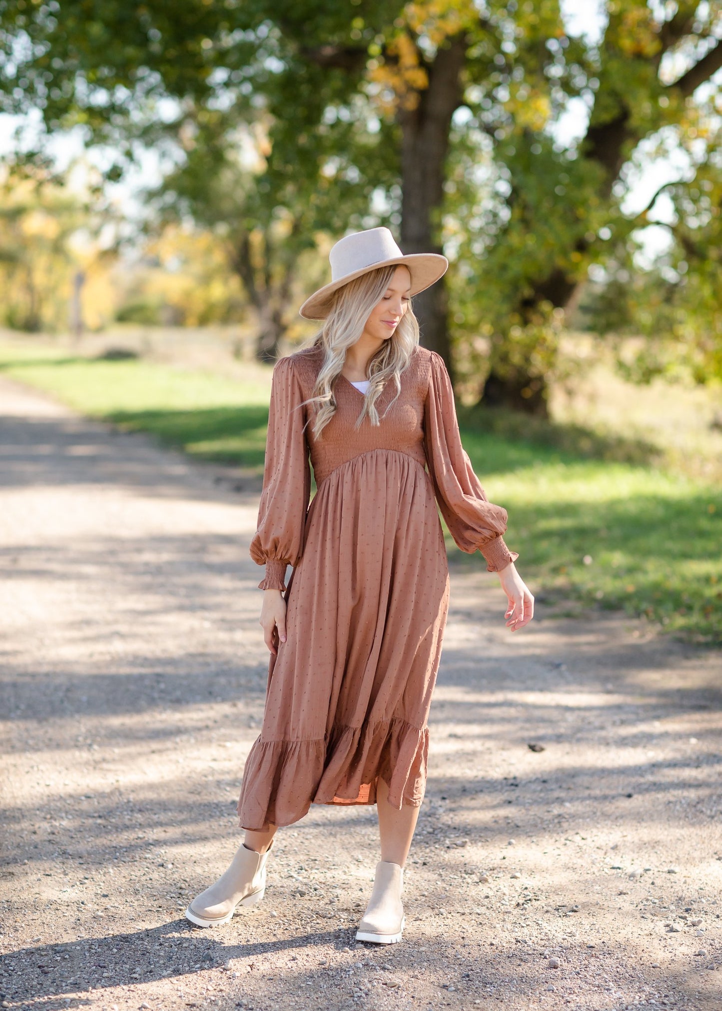 Flowing Smocked Swiss Dot Long Sleeve Midi Dress Dresses Tea N Rose