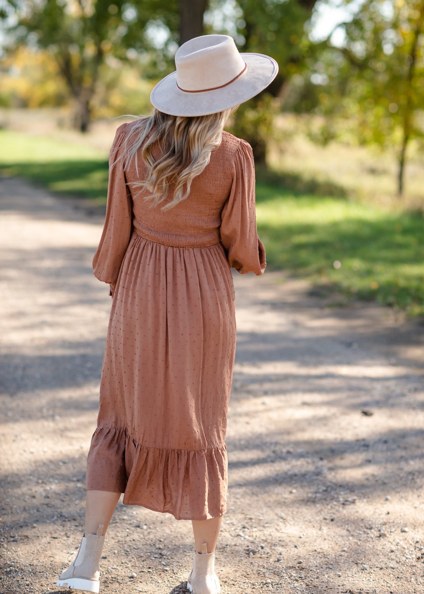 Flowing Smocked Swiss Dot Long Sleeve Midi Dress Dresses Tea N Rose