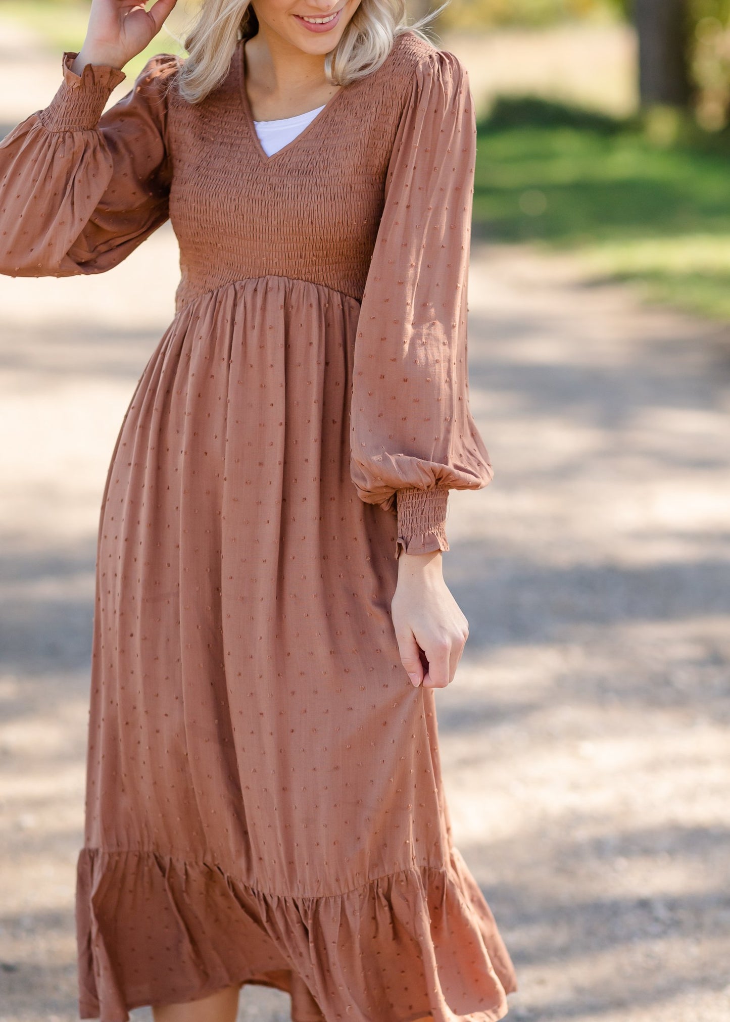 Flowing Smocked Swiss Dot Long Sleeve Midi Dress Dresses Tea N Rose