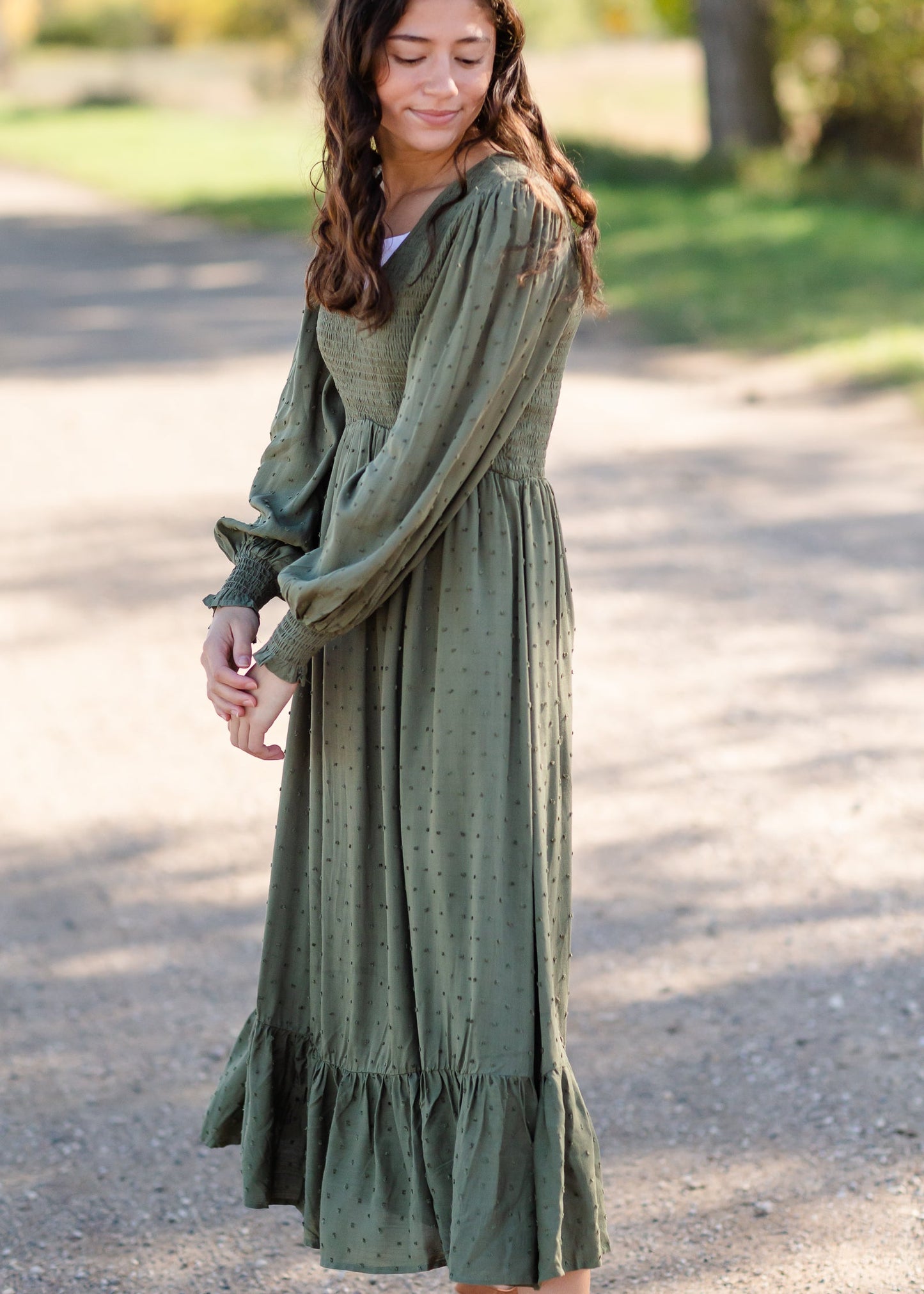 Flowing Smocked Swiss Dot Long Sleeve Midi Dress - FINAL SALE Dresses Tea N Rose Olive / S