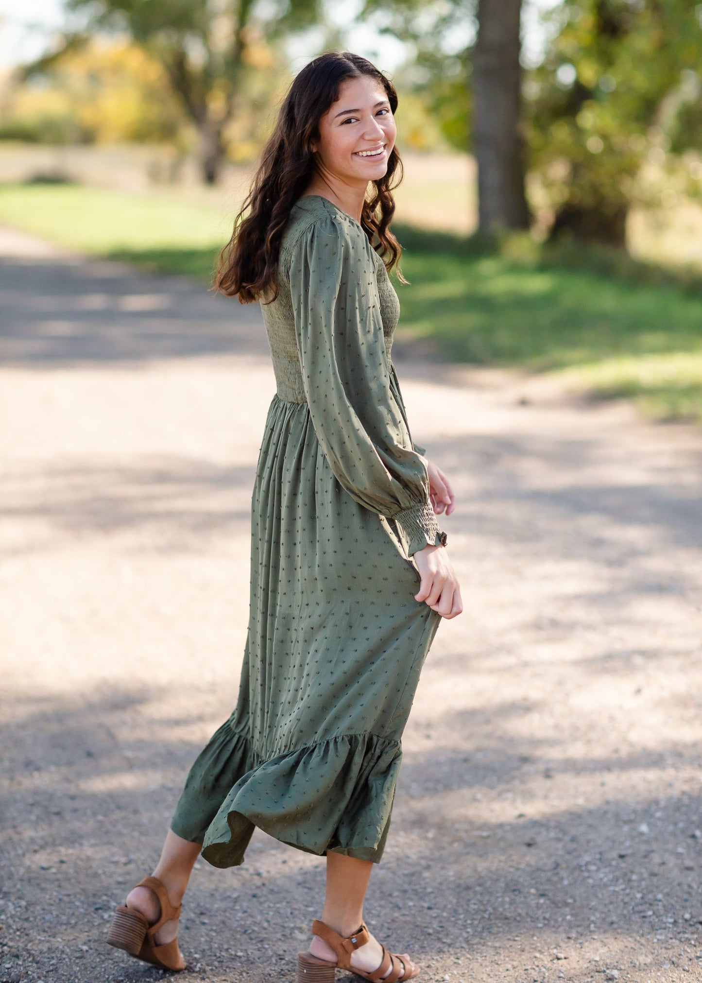 Flowing Smocked Swiss Dot Long Sleeve Midi Dress - FINAL SALE Dresses Tea N Rose
