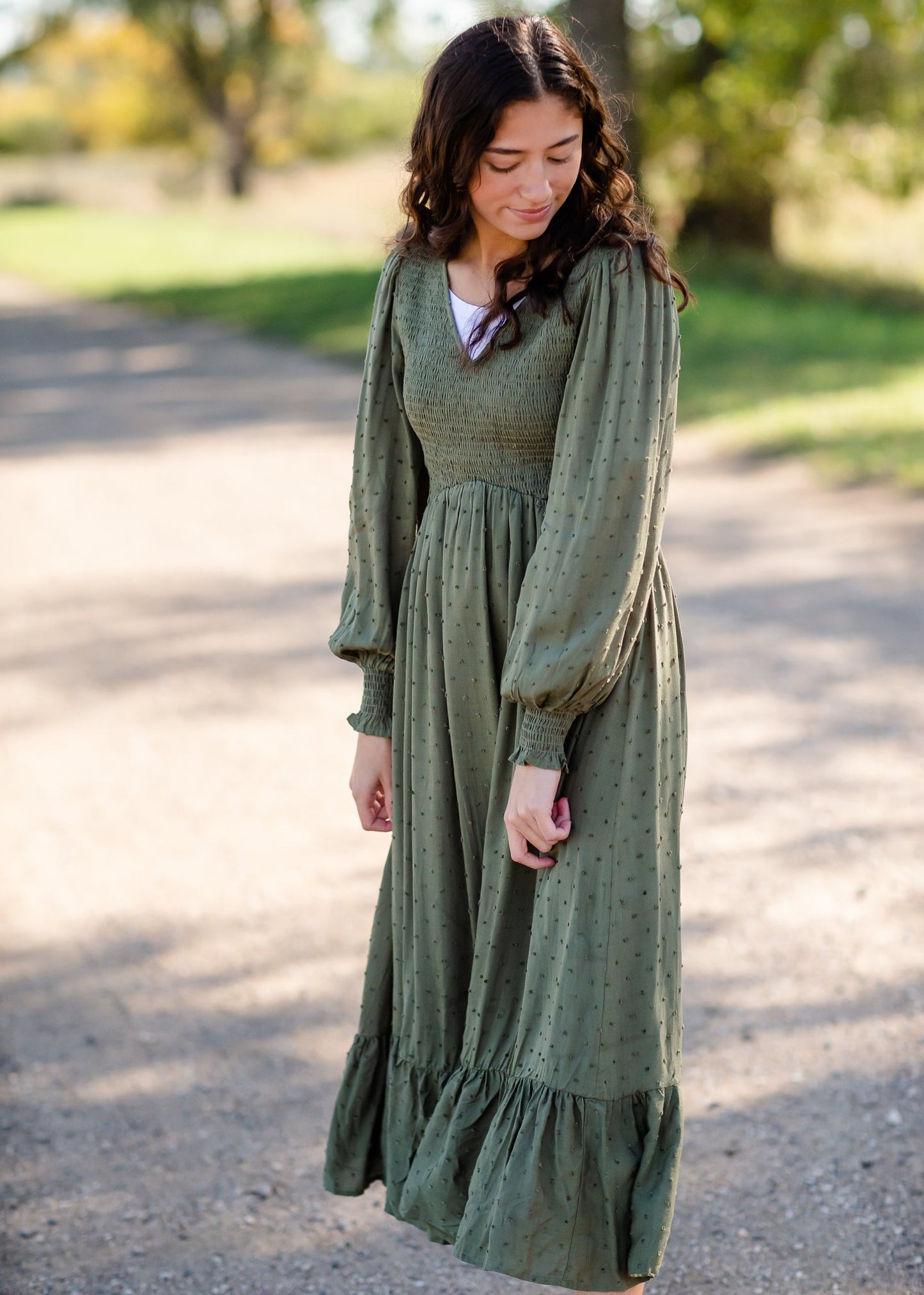 Flowing Smocked Swiss Dot Long Sleeve Midi Dress - FINAL SALE Dresses Tea N Rose