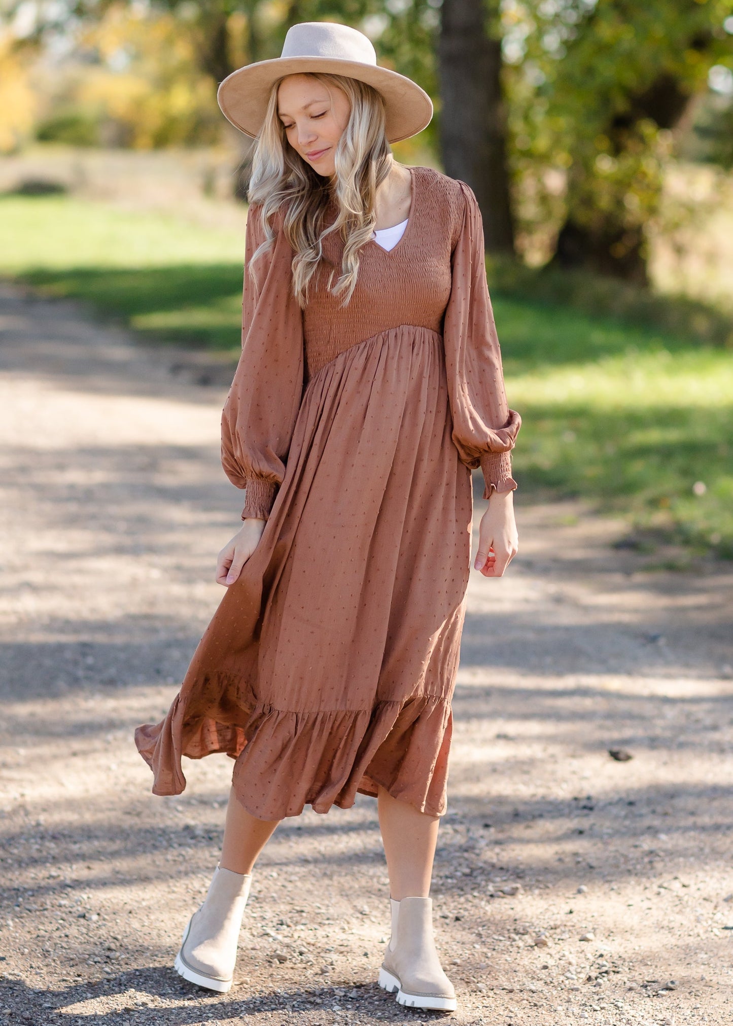 Flowing Smocked Swiss Dot Long Sleeve Midi Dress - FINAL SALE Dresses Tea N Rose