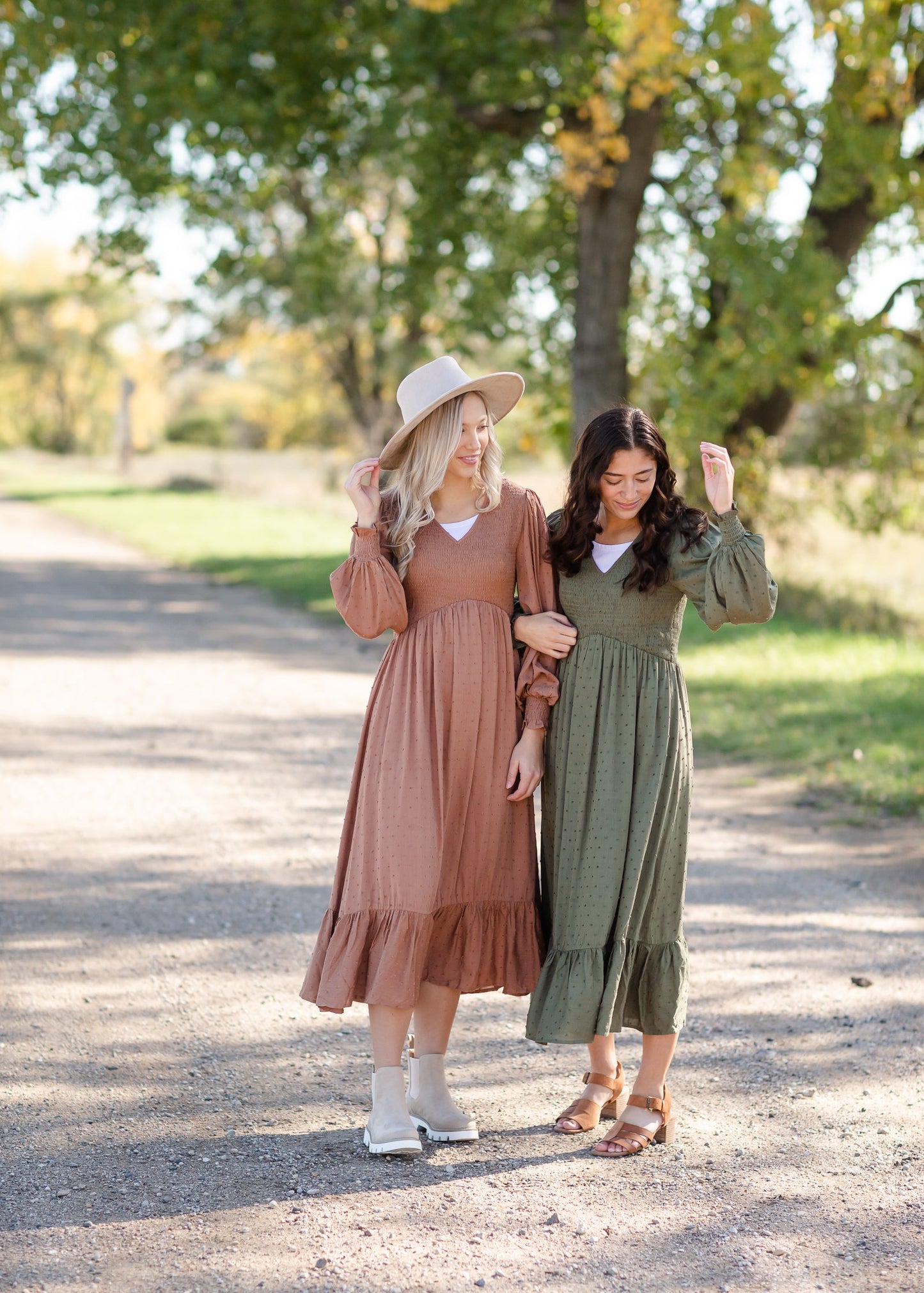 Flowing Smocked Swiss Dot Long Sleeve Midi Dress - FINAL SALE Dresses Tea N Rose