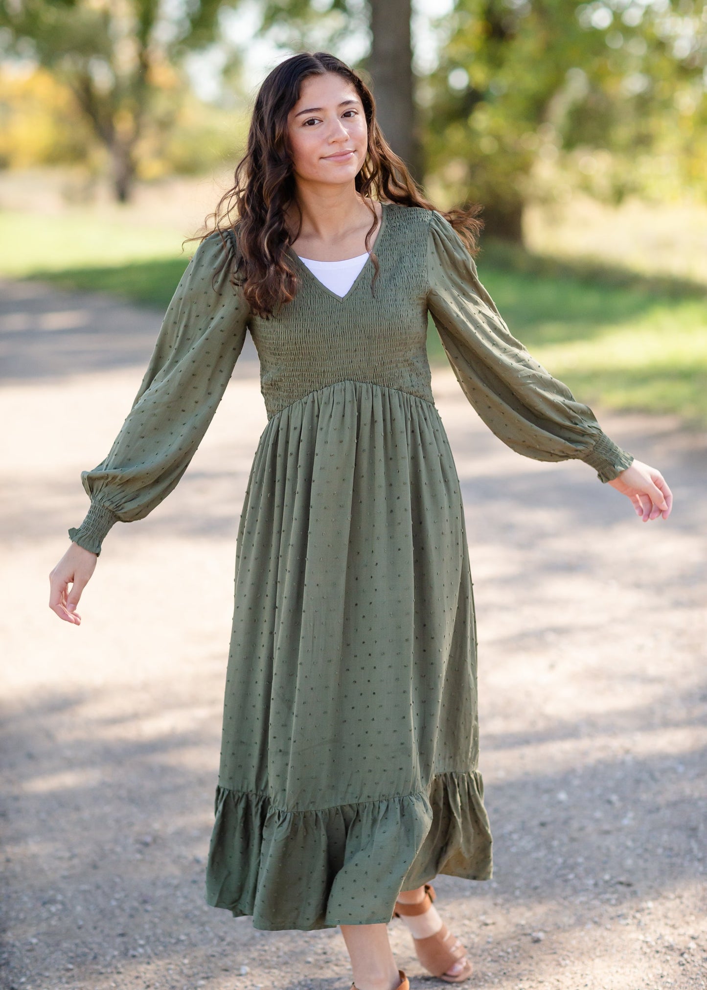 Flowing Smocked Swiss Dot Long Sleeve Midi Dress - FINAL SALE Dresses Tea N Rose