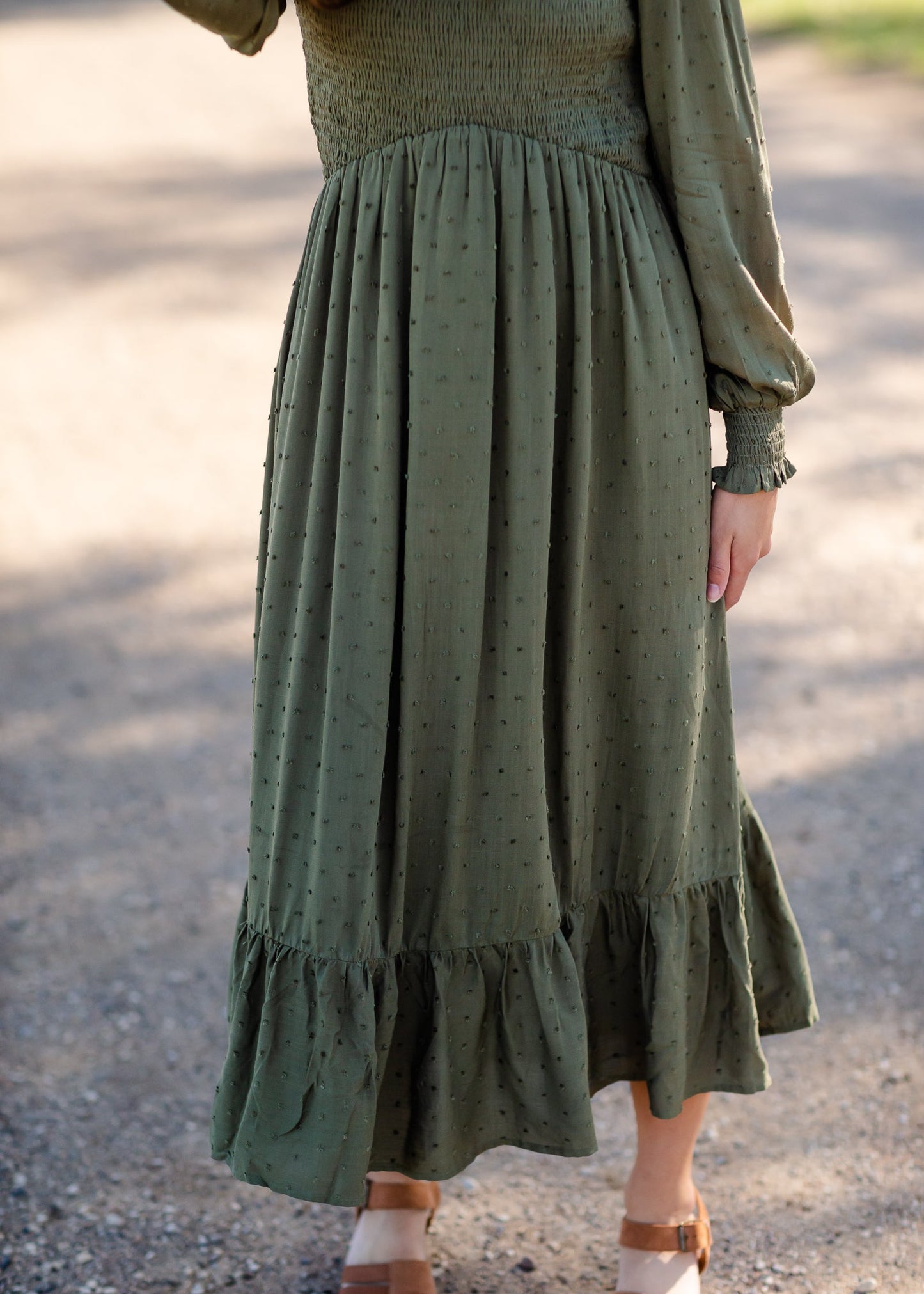 Flowing Smocked Swiss Dot Long Sleeve Midi Dress - FINAL SALE Dresses Tea N Rose