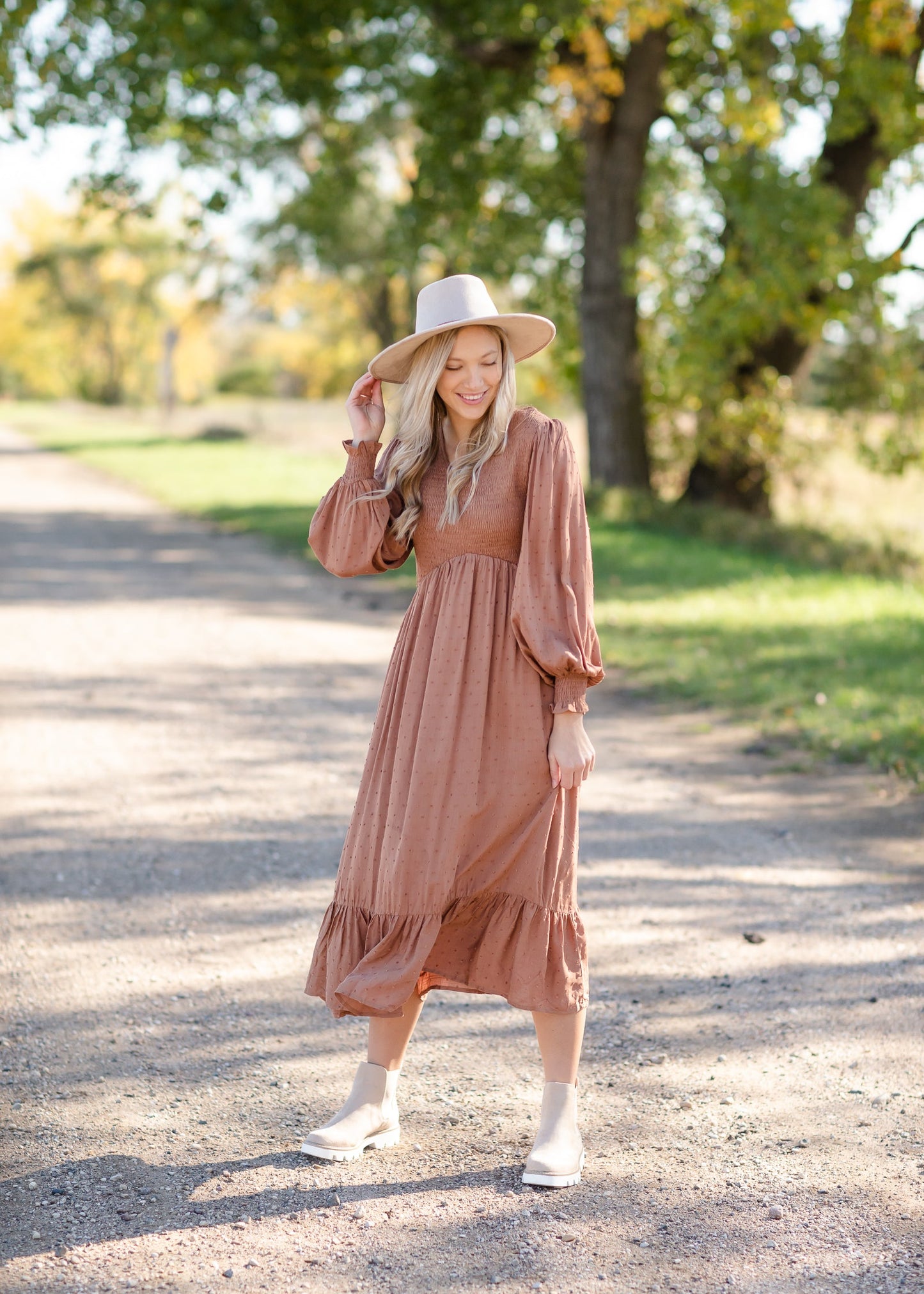 Flowing Smocked Swiss Dot Long Sleeve Midi Dress - FINAL SALE Dresses Tea N Rose