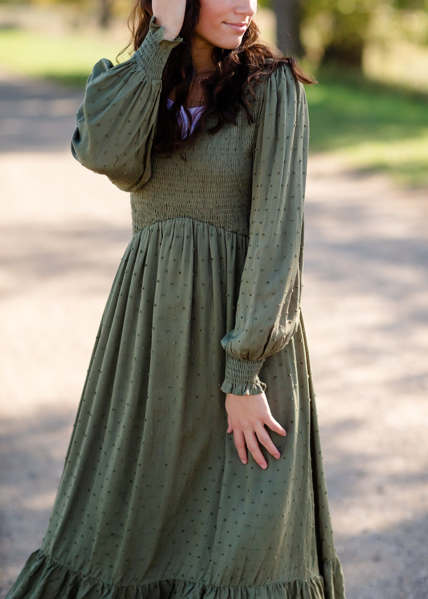 Flowing Smocked Swiss Dot Long Sleeve Midi Dress - FINAL SALE Dresses Tea N Rose