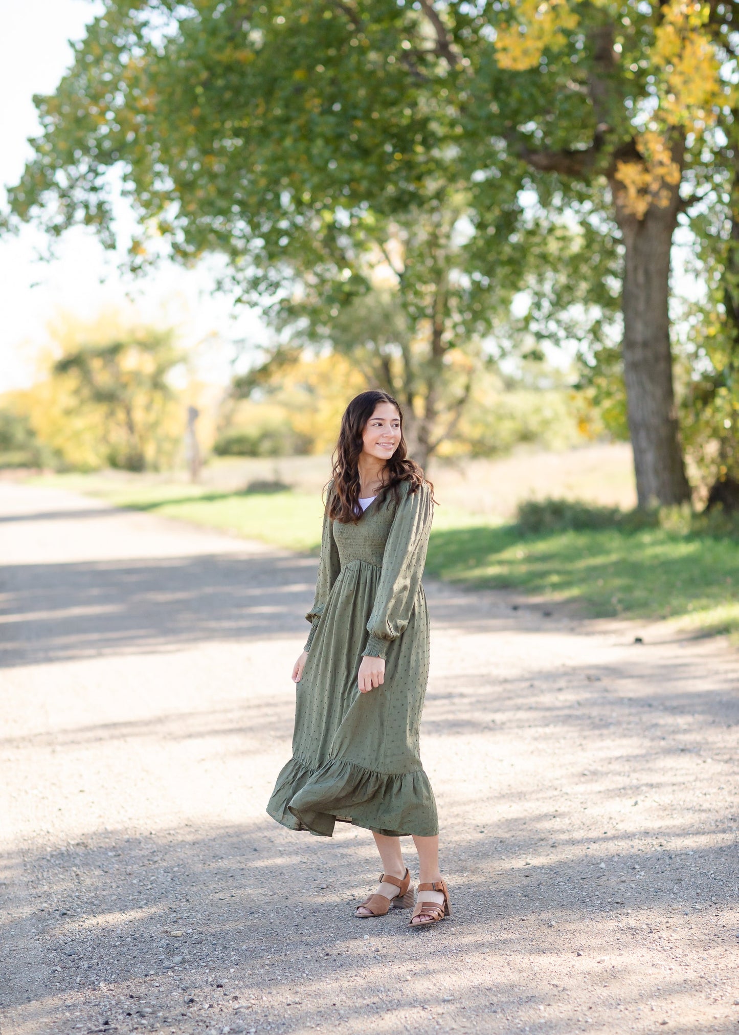 Flowing Smocked Swiss Dot Long Sleeve Midi Dress - FINAL SALE Dresses Tea N Rose