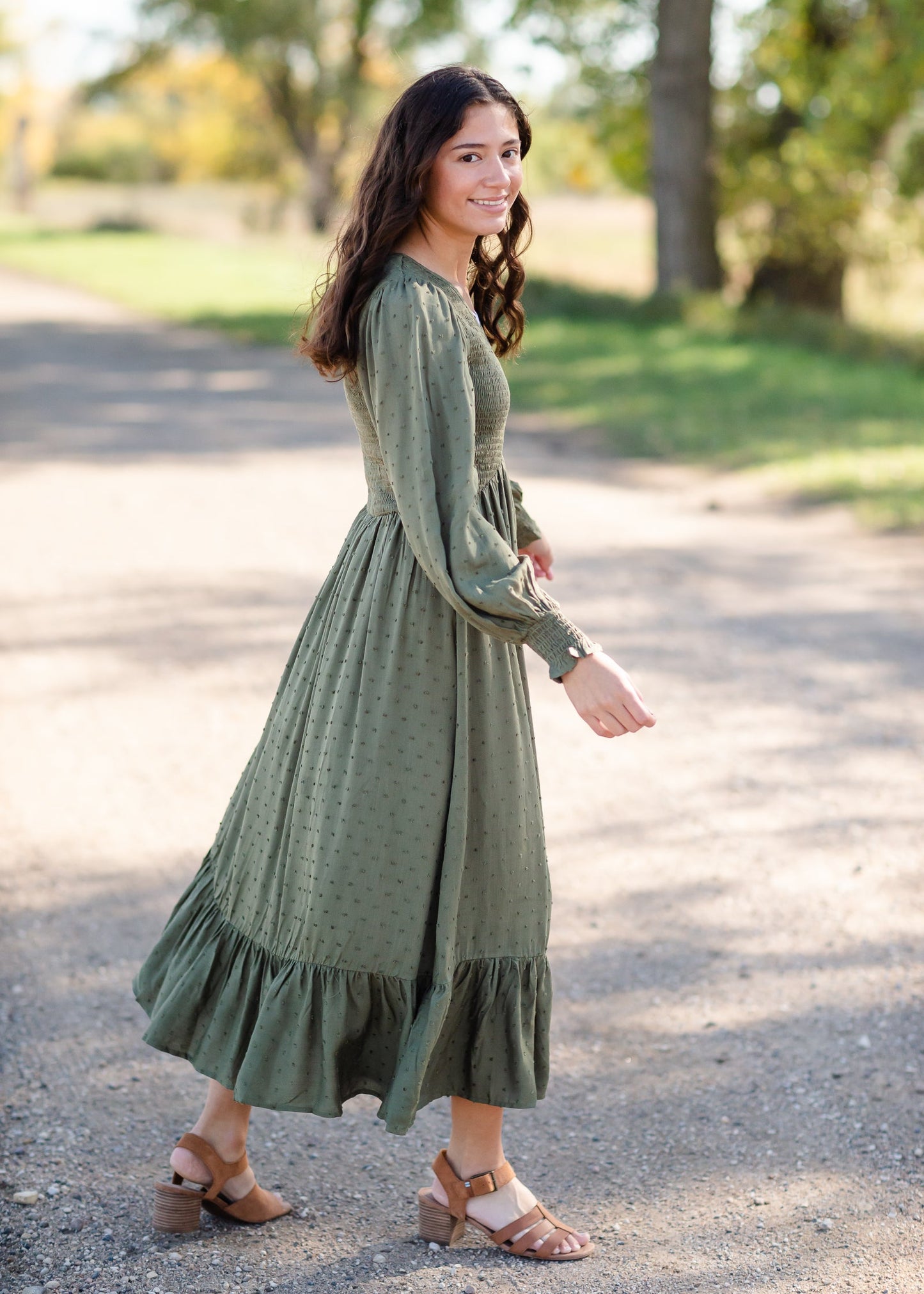 Flowing Smocked Swiss Dot Long Sleeve Midi Dress - FINAL SALE Dresses Tea N Rose