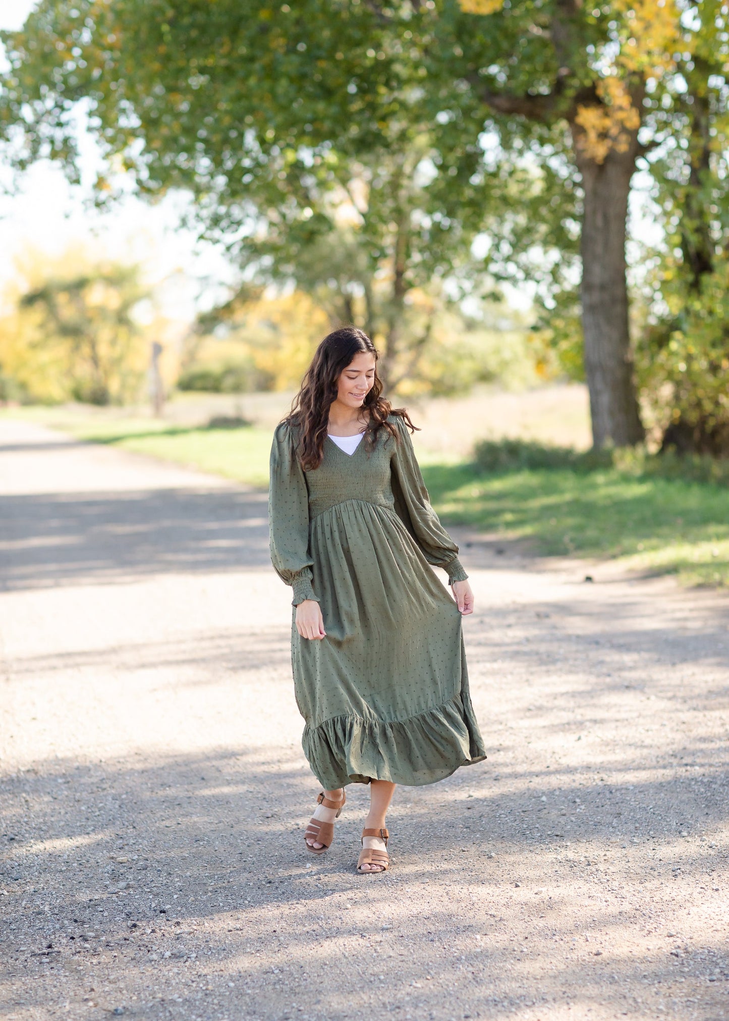 Flowing Smocked Swiss Dot Long Sleeve Midi Dress - FINAL SALE Dresses Tea N Rose