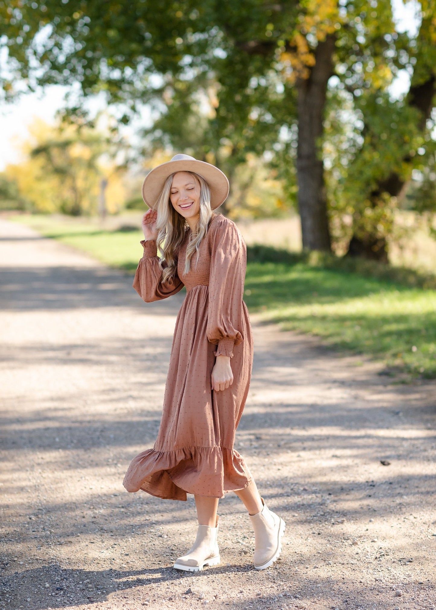 Flowing Smocked Swiss Dot Long Sleeve Midi Dress - FINAL SALE Dresses Tea N Rose