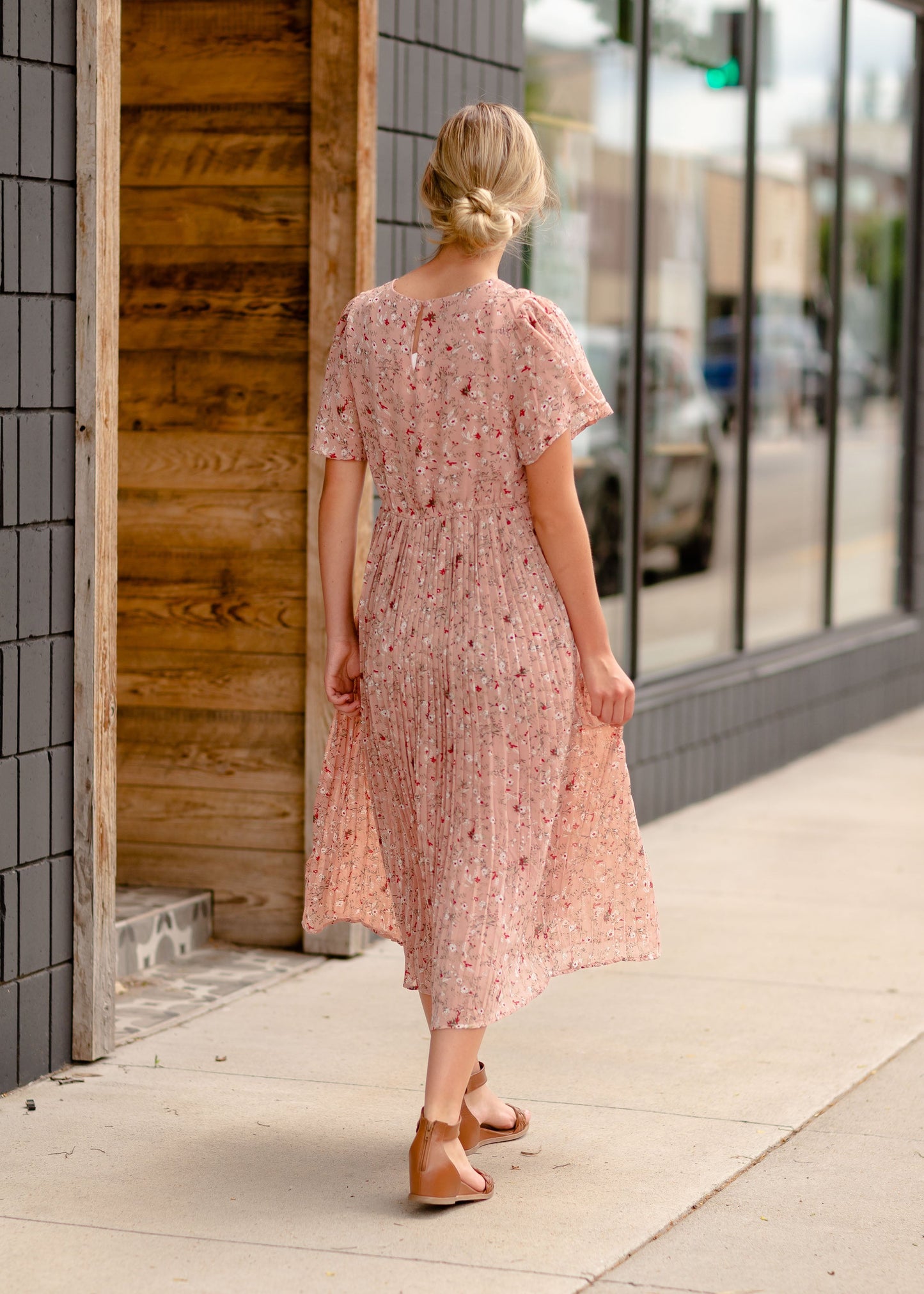 Flutter Sleeve Pleated Pink Midi Dress Dresses