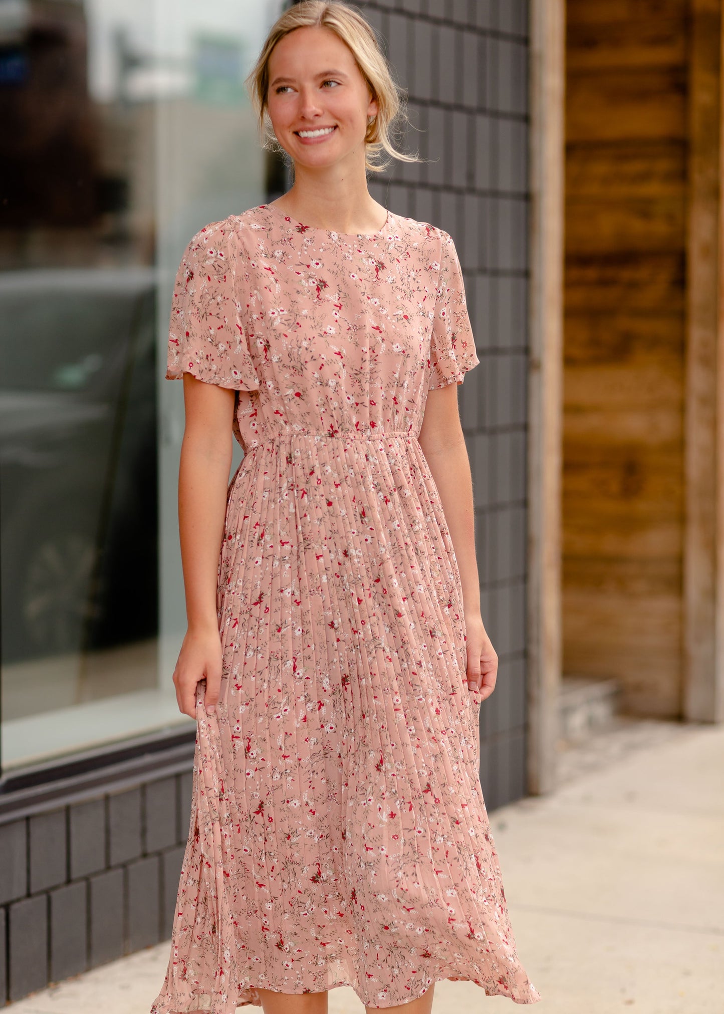 Flutter Sleeve Pleated Pink Midi Dress Dresses