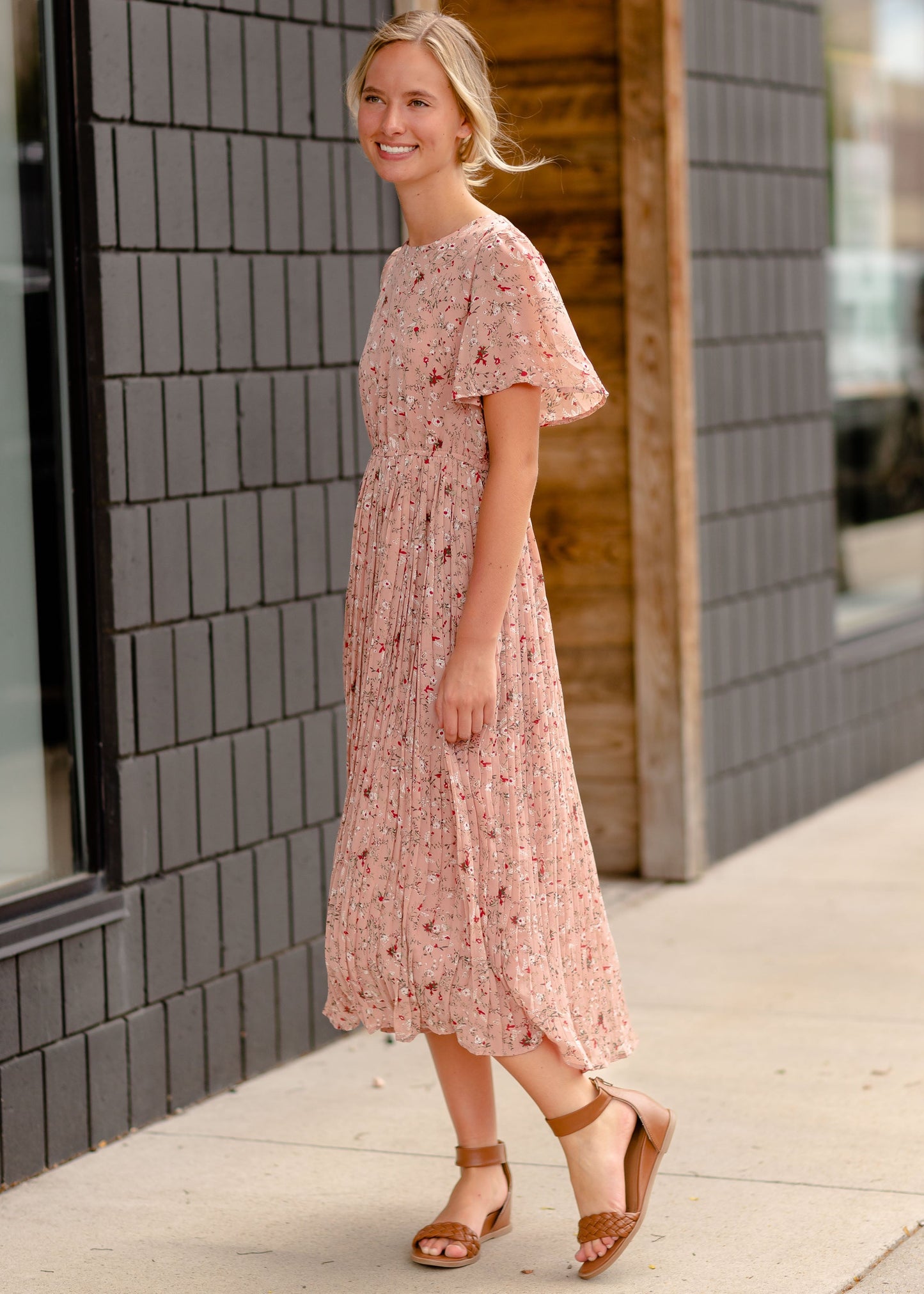 Flutter Sleeve Pleated Pink Midi Dress Dresses
