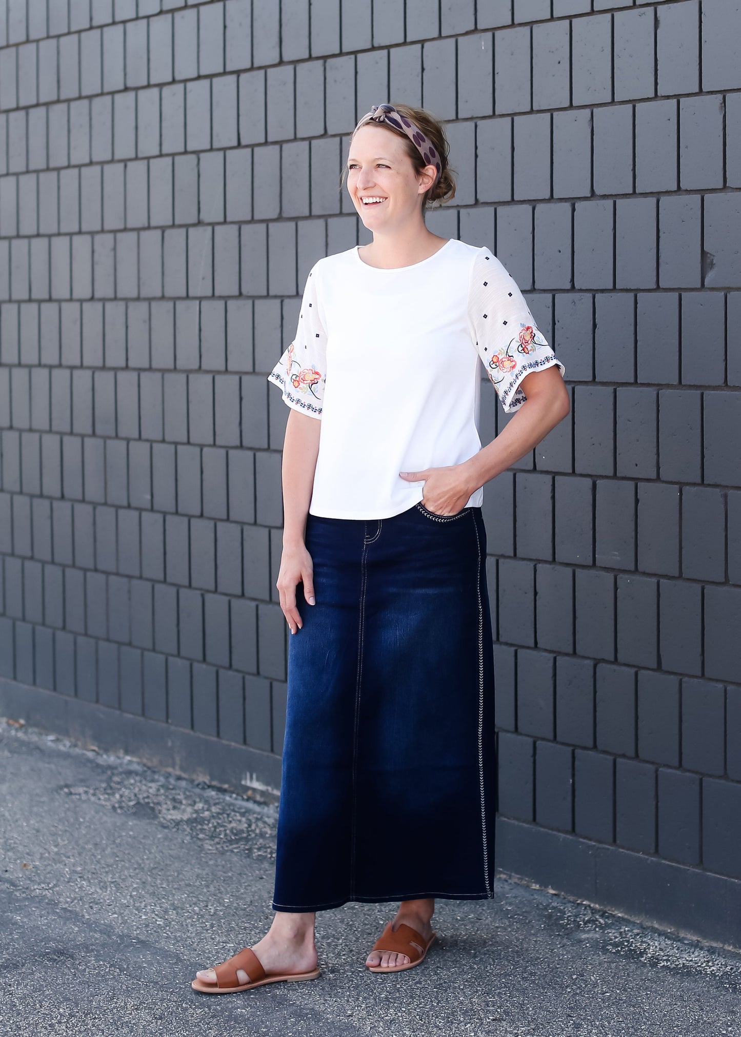 Long a-line womens skirt with fly stitching detail