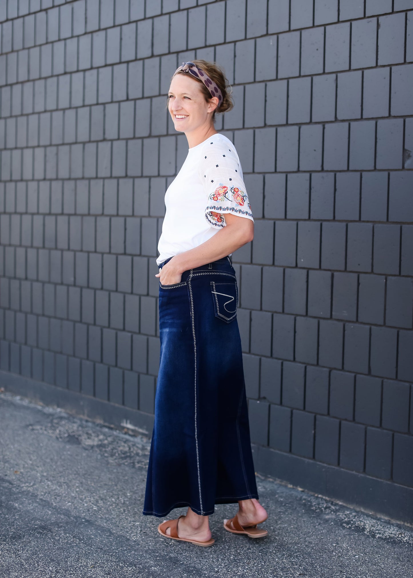 Long a-line womens skirt with fly stitching detail