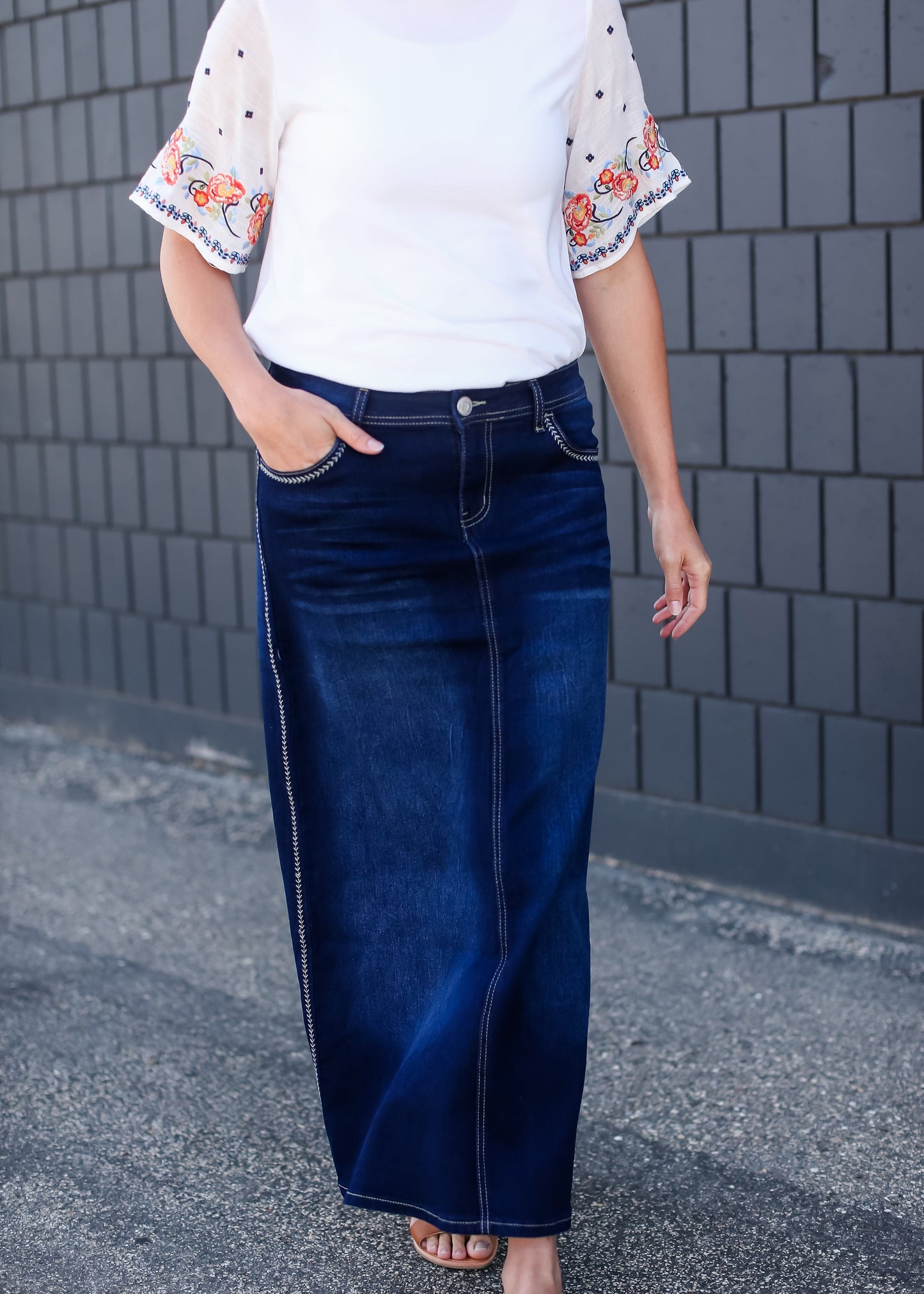 Long a-line womens skirt with fly stitching detail