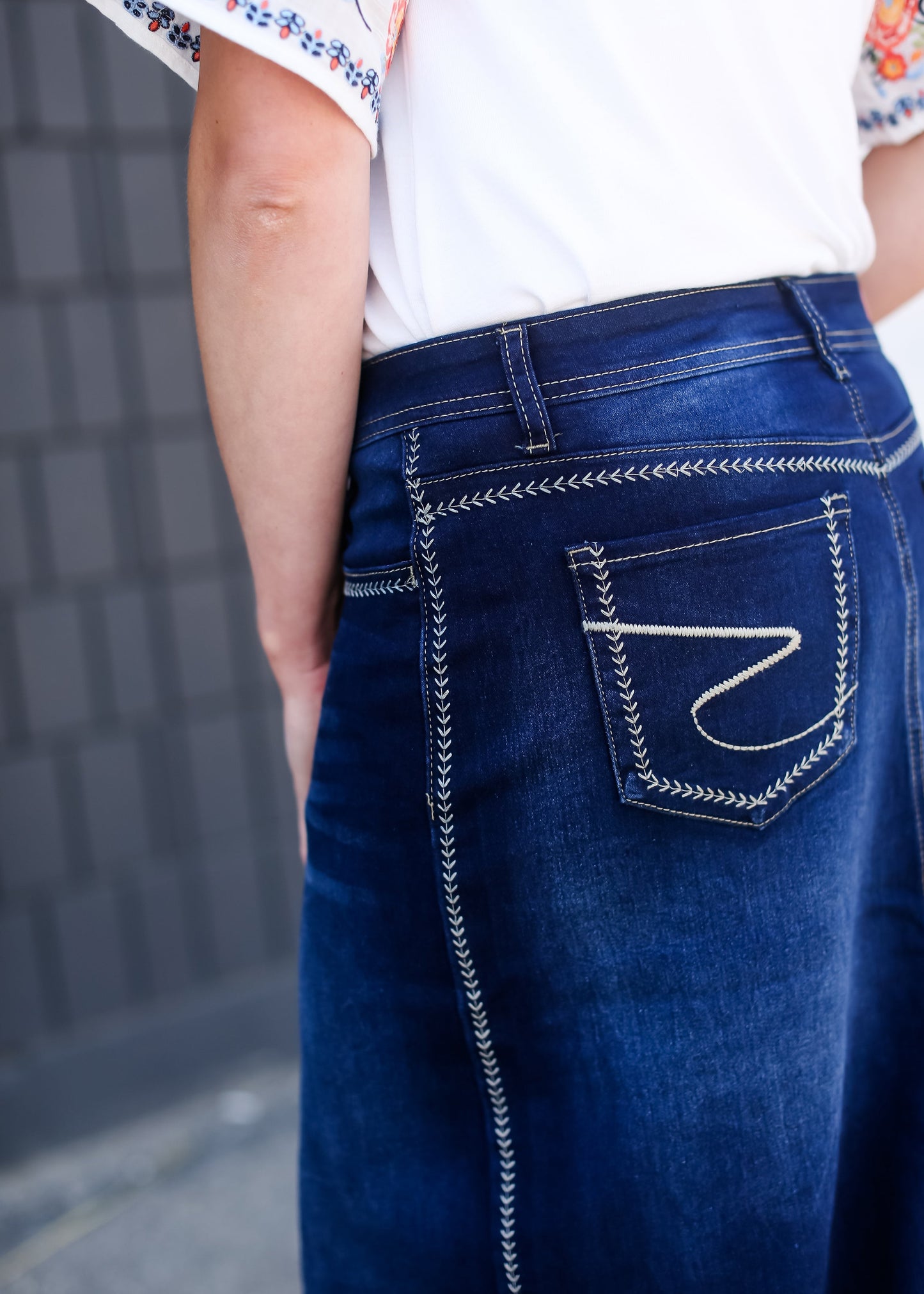 Long a-line womens skirt with fly stitching detail