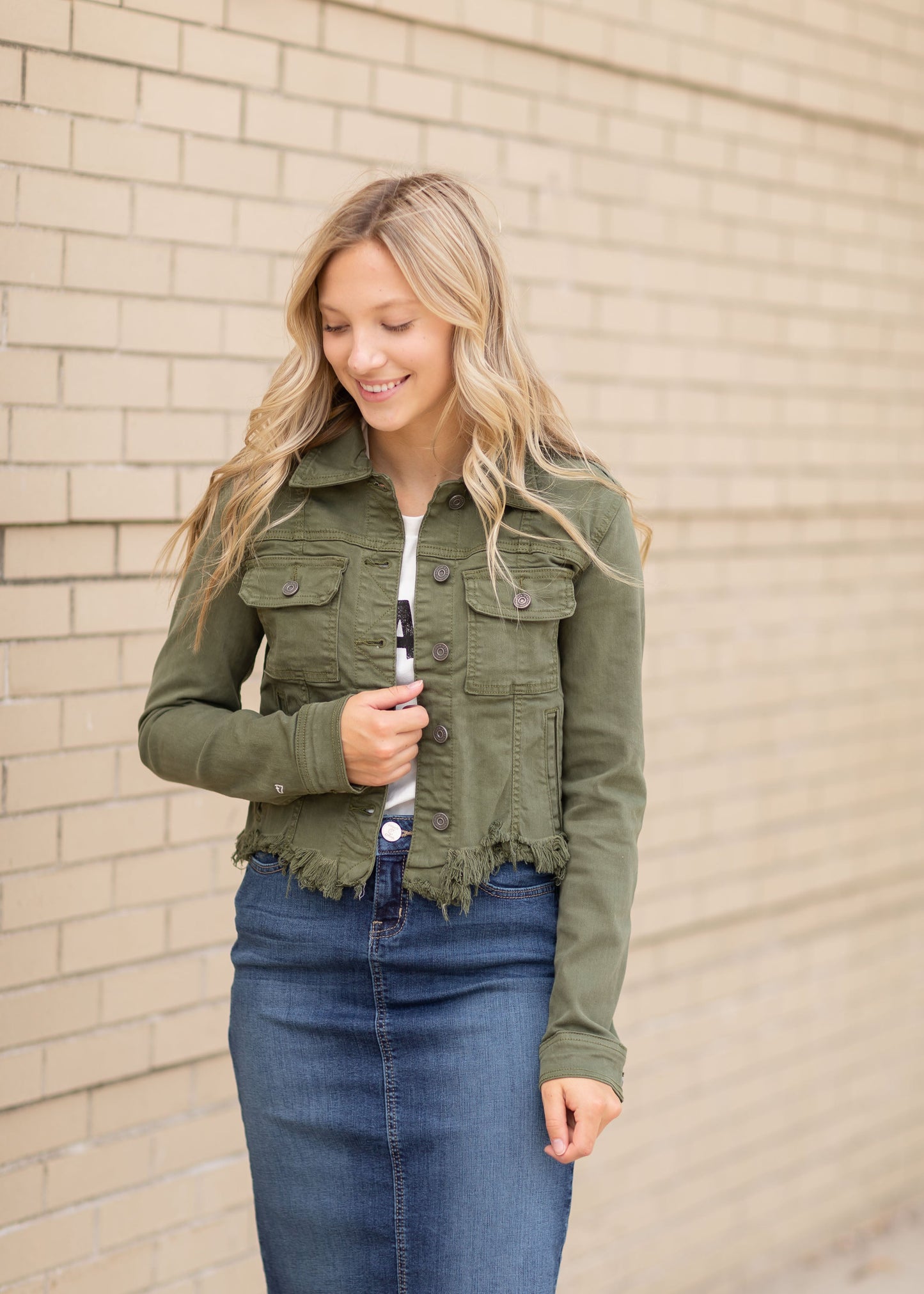 Frayed Hem Olive Button Up Jean Jacket Tops
