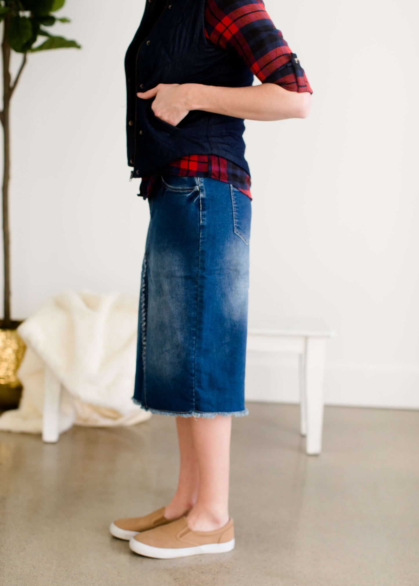 Fringe Front Denim Midi Skirt Skirts