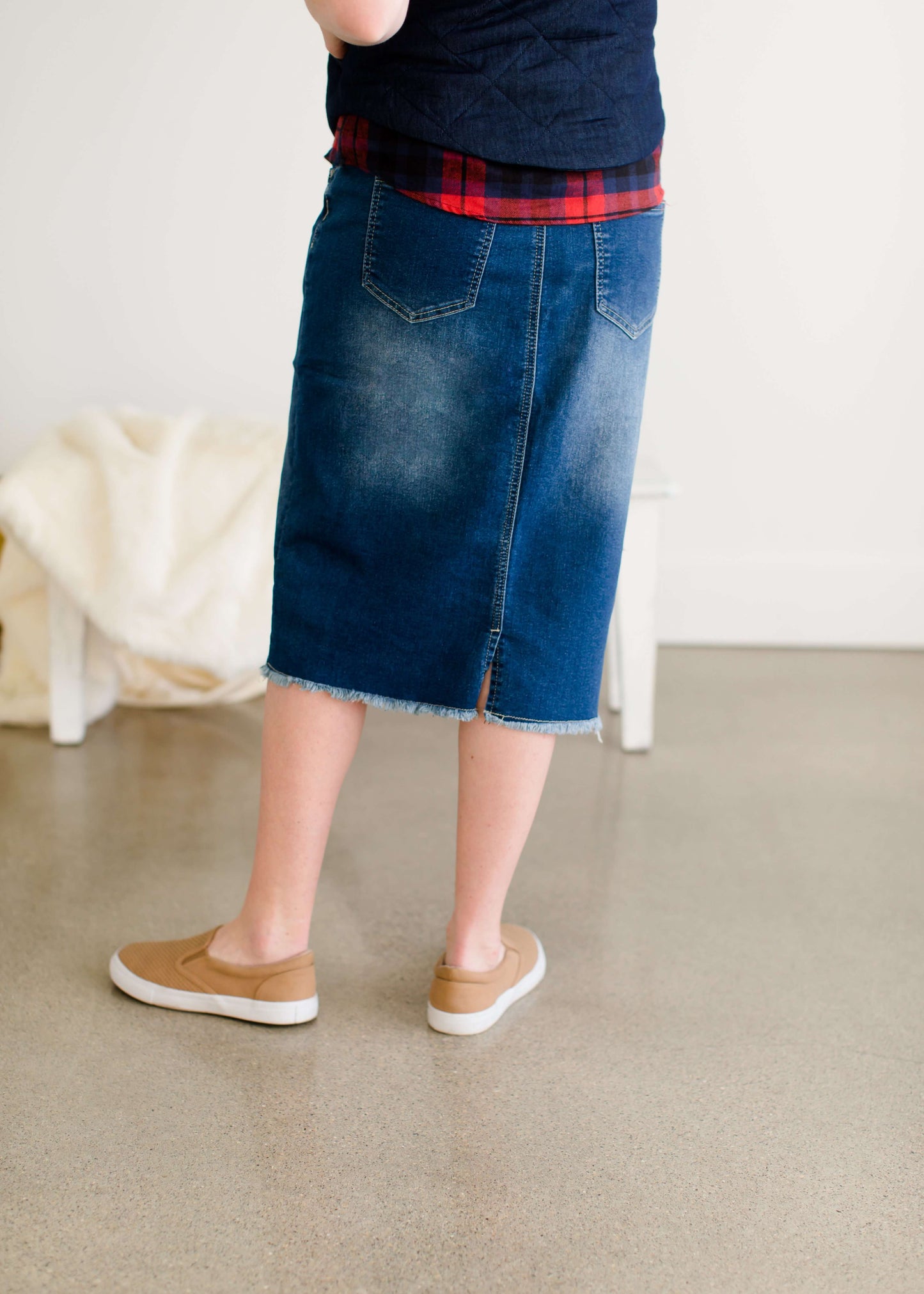 Fringe Front Denim Midi Skirt Skirts