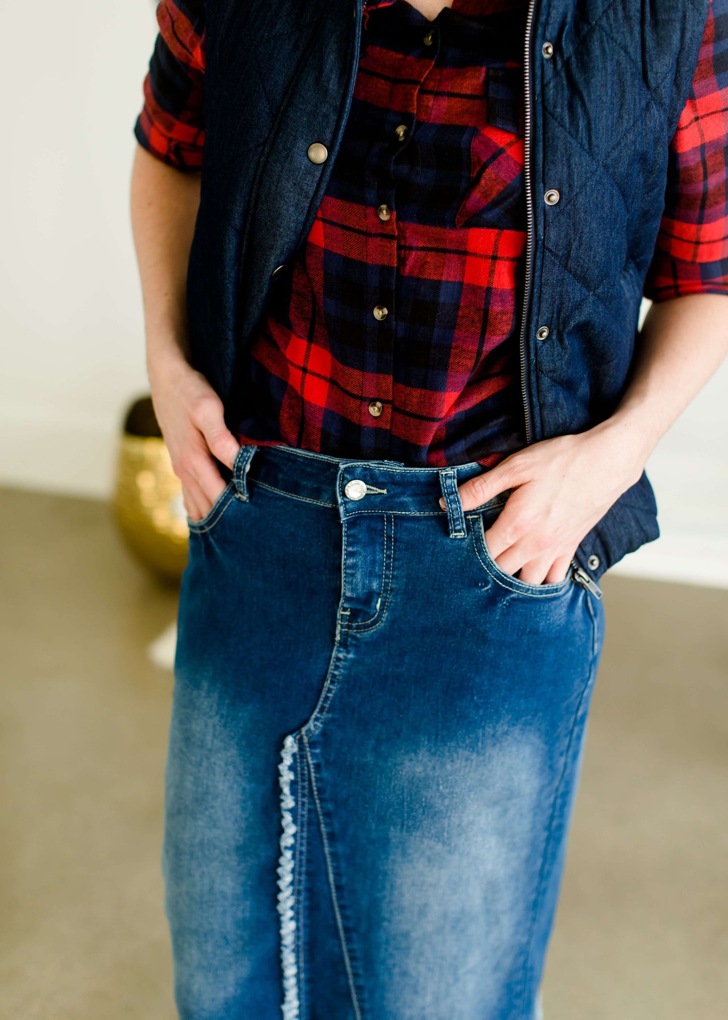 Fringe Front Denim Midi Skirt Skirts