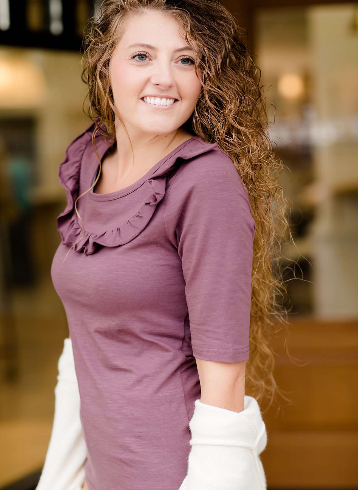 Modest women's affordable ruffle half sleeve top in plum or white